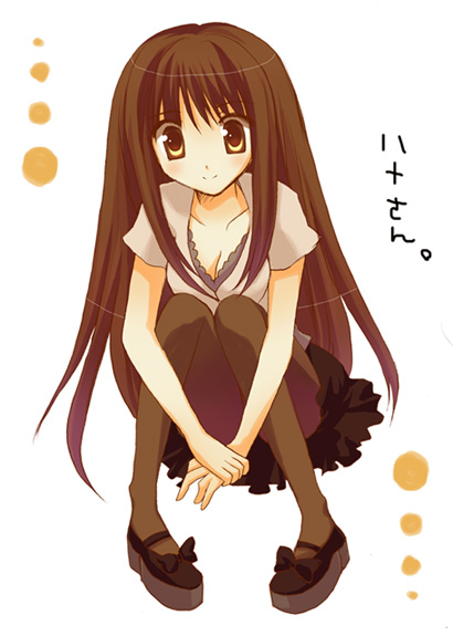 hana, pokopi, hana (kamen rider den-o), kamen rider den-o, kamen rider, kamen rider den-o (series), 1girl, breasts, brown eyes, brown hair, brown pantyhose, cleavage, collar, collarbone, female focus, full body, looking at viewer, neckerchief, pantyhose, school uniform, serafuku, short sleeves, solo, squatting