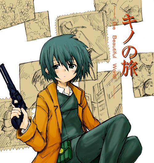 aki masanari, kino (kino no tabi), kino no tabi, 00s, 1girl, androgynous, coat, copyright name, female focus, green eyes, green hair, gun, half-closed eyes, handgun, looking at viewer, matching hair/eyes, reverse trap, revolver, short hair, solo, weapon