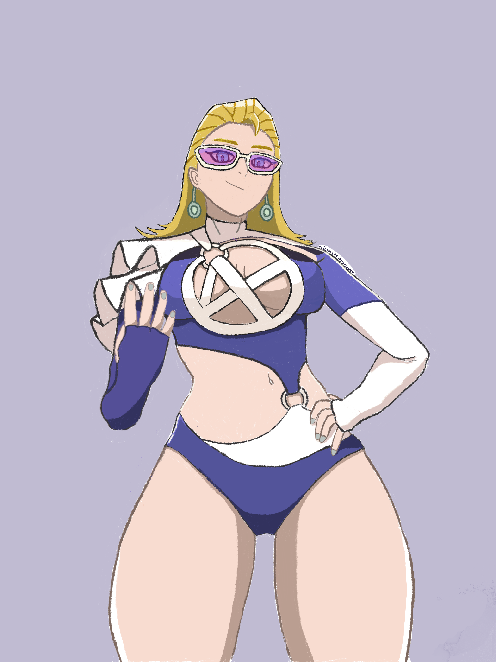 sue storm, marvel, marvel rivals, absurdres, highres, non-web source, self-upload, 1girl, blonde hair, blue eyes, cleavage cutout, clothing cutout, earrings, ericthespy, fingernails, frills, hair slicked back, hand on own hip, jewelry, looking at viewer, simple background, smile, standing, sunglasses, swimsuit, white-framed eyewear