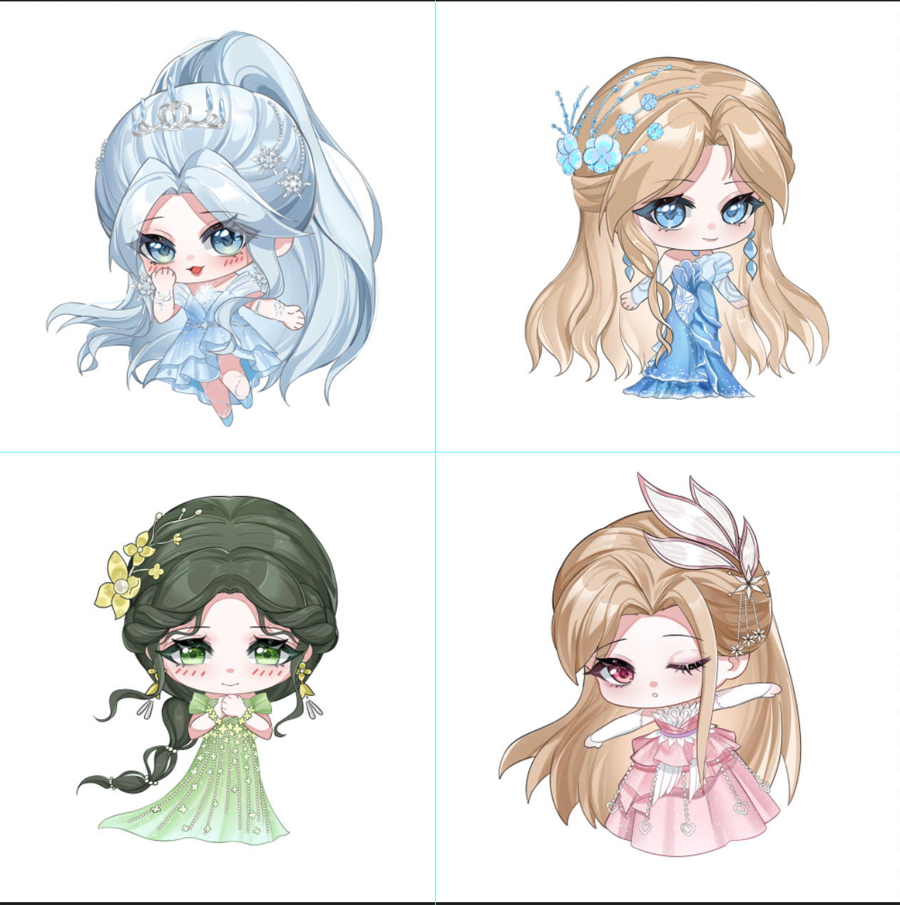 fairytale swan (infinity nikki), whispers of waves (infinity nikki), infinity nikki, nikki (series), highres, 4girls, ;o, bare shoulders, beads, black hair, blonde hair, blossoming stars (infinity nikki), blue dress, blue eyes, blue flower, blue shoes, bracelet, bridal gauntlets, butterfly hair ornament, chibi, closed mouth, crystal poems (infinity nikki), diamond earrings, dress, earrings, eyelashes, eyes visible through hair, feather-trimmed dress, feather hair ornament, feathers, flower, flower bracelet, flower earrings, frilled dress, frills, gown, green dress, grey hair, hair beads, hair flower, hair ornament, hand on own cheek, hand on own face, hands on own chest, high ponytail, jewelry, light blush, long dress, long hair, low ponytail, medium dress, multi-tied hair, multiple girls, off-shoulder dress, off shoulder, one eye closed, open mouth, outstretched arms, own hands clasped, own hands together, parted lips, pink dress, pink eyes, pleated dress, ponytail, puffy short sleeves, puffy sleeves, shoes, short sleeves, smile, snowflake earrings, snowflake hair ornament, standing, strapless, strapless dress, tiara, tsurime, very long hair, white arm warmers, white background, white bridal gauntlets, xinjinjumin388925569805