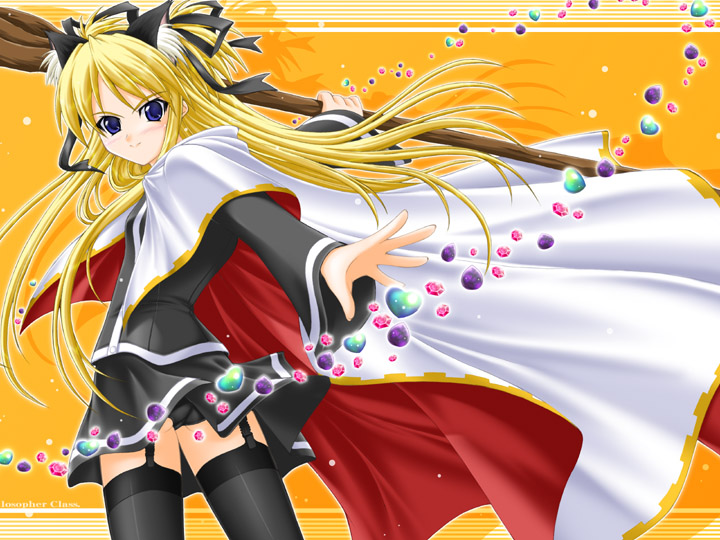 akimoto dai, shalon, quiz magic academy, animal ears, blonde hair, cat ears, long hair, panties, solo, staff, thighhighs, underwear