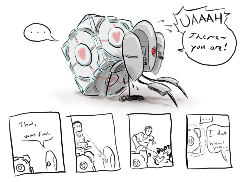 chell, sentry turret (portal), portal (series), portal 1, …, 1boy, aperture science handheld portal device, aperture science weighted companion cube, cube, english text, heart, sequential, sex, text focus, valve, what