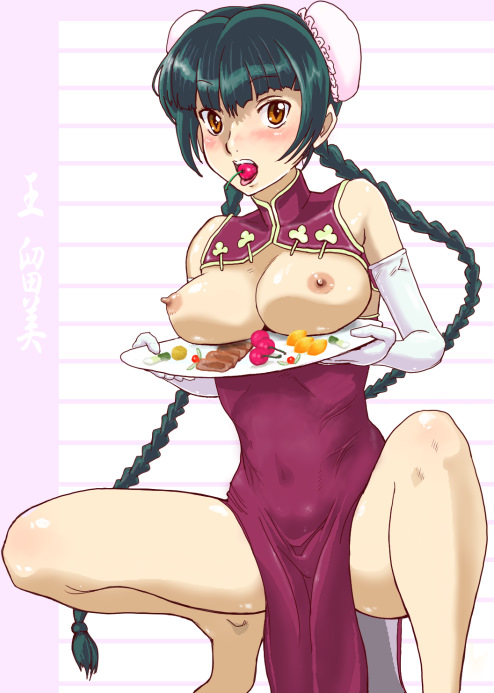 pikon, wang liu mei, gundam, gundam 00, 00s, 1girl, braid, breasts, bun cover, china dress, chinese clothes, double bun, dress, elbow gloves, female focus, gloves, hair bun, large breasts, nipples, solo, spread legs, squatting, twin braids