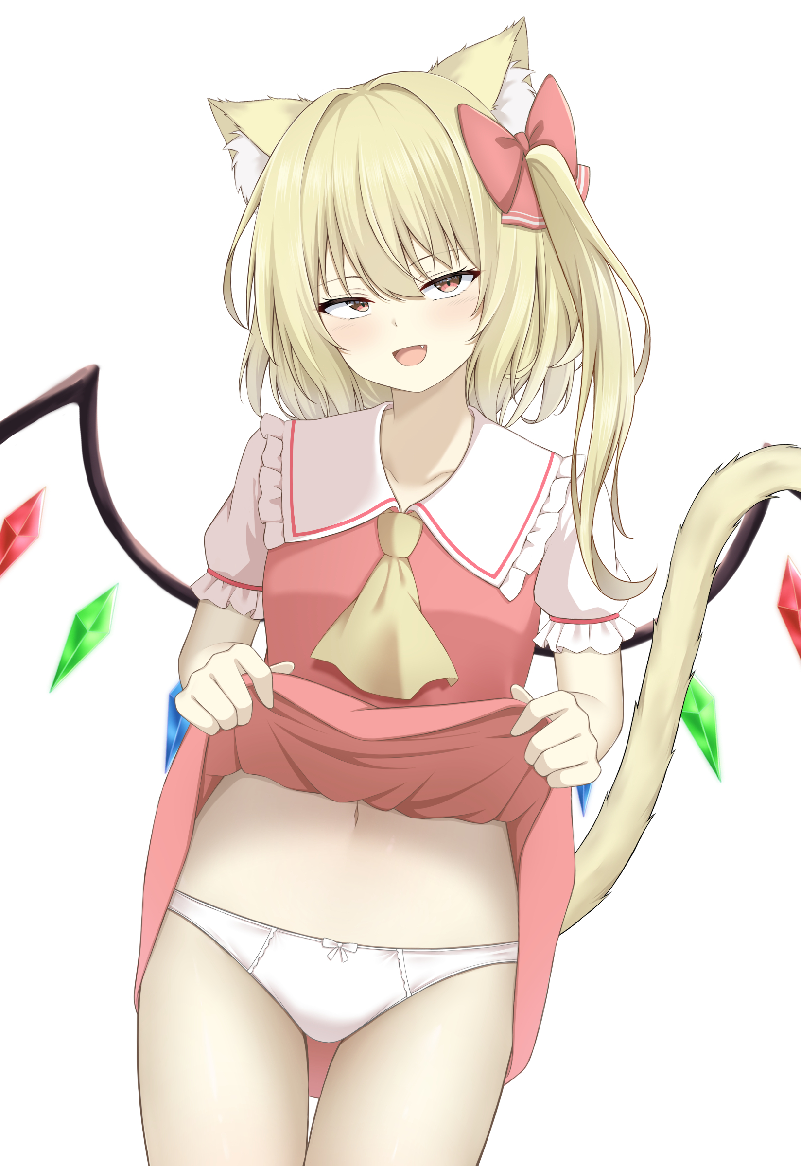 szl, flandre scarlet, touhou, commentary request, highres, paid reward available, 1girl, :d, animal ear fluff, animal ears, ascot, blonde hair, blush, bow, cat ears, cat girl, cat tail, clothes lift, cowboy shot, crystal wings, eyelashes, fang, frilled shirt collar, frills, hair between eyes, hair bow, half-closed eyes, hands up, kemonomimi mode, lifting own clothes, looking at viewer, medium hair, naughty face, navel, no headwear, one side up, open mouth, panties, puffy short sleeves, puffy sleeves, red bow, red eyes, red skirt, red vest, shirt, short sleeves, simple background, skirt, skirt lift, smile, solo, straight hair, tail, tail raised, thigh gap, tsurime, underwear, upturned eyes, vest, white background, white panties, white shirt, wings, yellow ascot, yellow tail