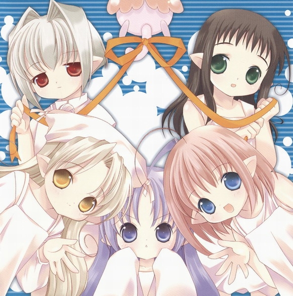 kururu (binzume yousei), tokumi yuiko, chiriri (binzume yousei), hororo (binzume yousei), kururu (bottle fairy), rere (binzume yousei), sarara (binzume yousei), binzume yousei, silver hair, 00s, 5girls, :d, ahoge, bare shoulders, blonde hair, blue eyes, blue hair, blush, brown hair, dress, green eyes, half-closed eyes, long hair, long sleeves, looking at viewer, multiple girls, open mouth, pointy ears, red eyes, red hair, ribbon, sleeveless, sleeveless dress, sleeves past wrists, smile, triangle mouth, upper body, very long hair, waving, white dress, yellow eyes, yellow ribbon