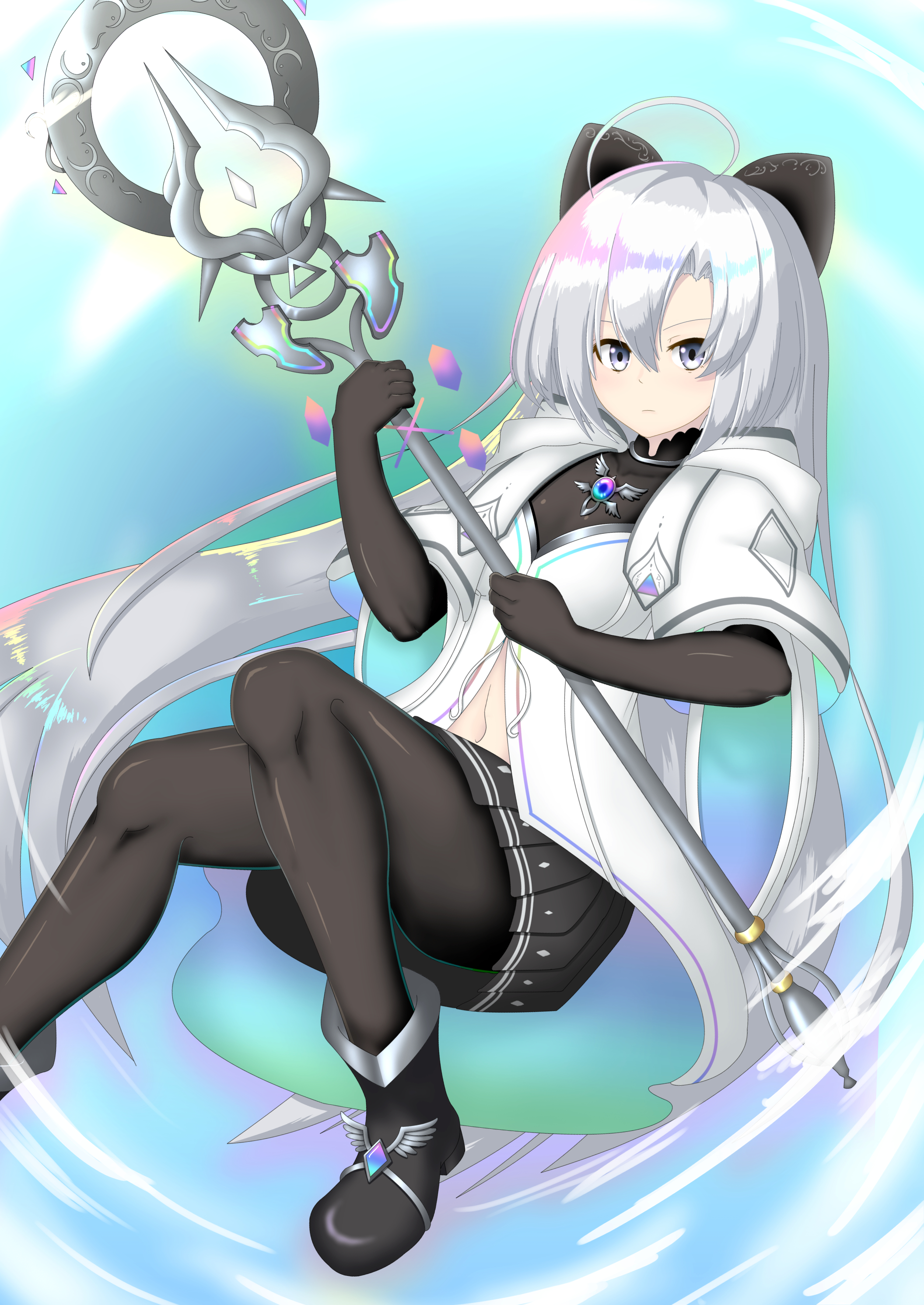 hagiyama kouichirou, kanon (duel masters), duel masters, duel masters play's, absurdres, highres, 1girl, black bow, black pantyhose, bow, breasts, clothing cutout, dress, expressionless, grey eyes, grey hair, hair bow, holding, holding staff, long hair, looking at viewer, medium breasts, navel cutout, pantyhose, solo, staff, very long hair