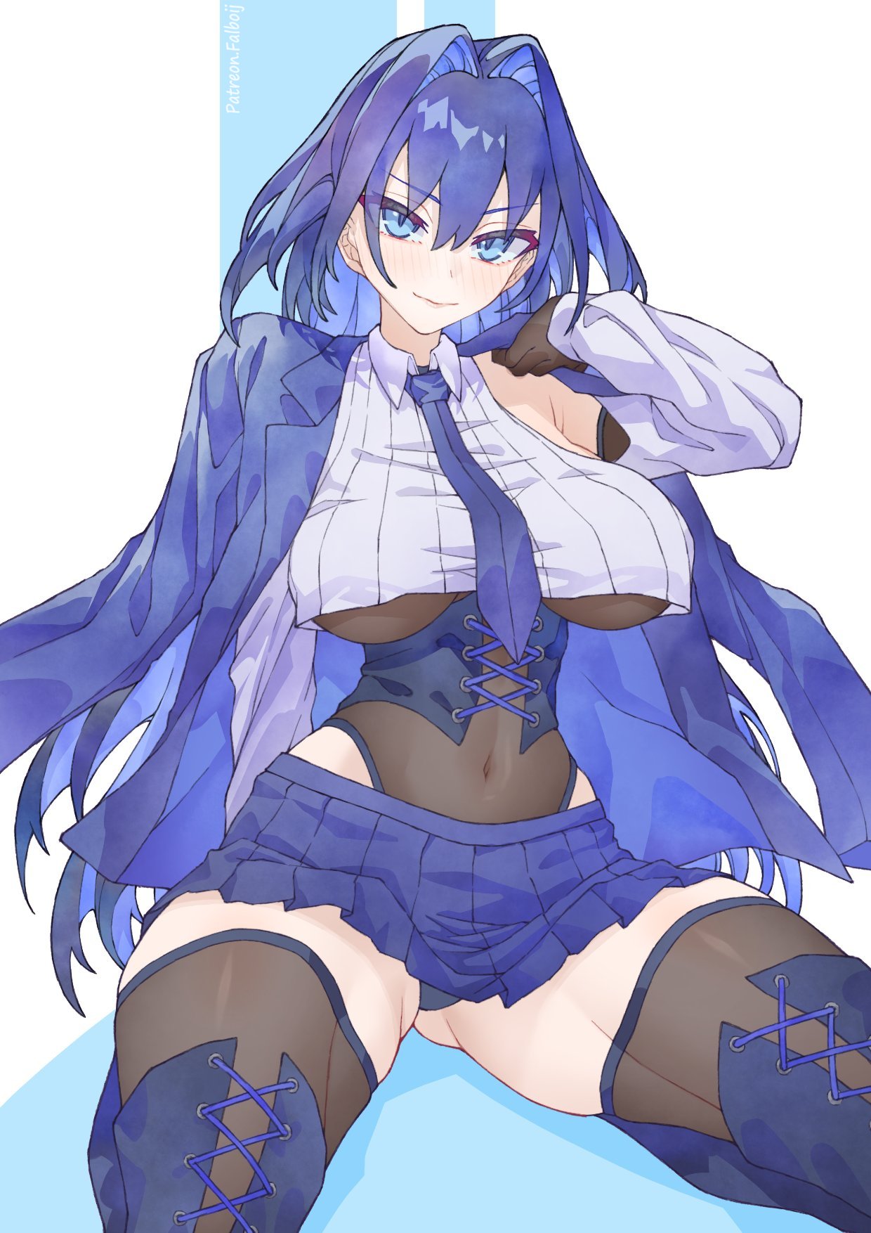 ouro kronii, hololive, hololive english, highres, armpits, black thighhighs, blue eyes, blue hair, boijfal, boots, breasts, corset, covered navel, gloves, gluteal fold, hair intakes, lace-up boots, large breasts, miniskirt, necktie, panties, shirt, shirt on shoulders, simple background, skirt, stomach, thick thighs, thighhighs, thighs, underbust, underwear, virtual youtuber, white shirt