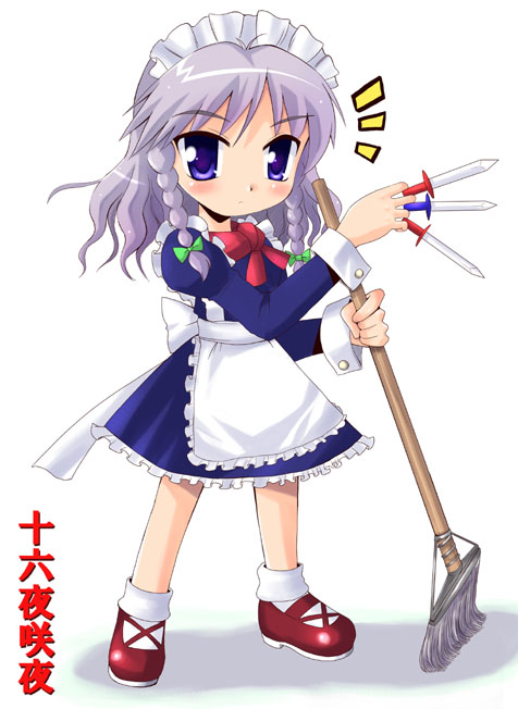 narisawa naruo, izayoi sakuya, touhou, silver hair, 1girl, apron, between fingers, blue eyes, braid, female focus, holding, knife, maid, maid apron, maid headdress, mop, shoes, short hair, socks, solo, throwing knife, twin braids, weapon