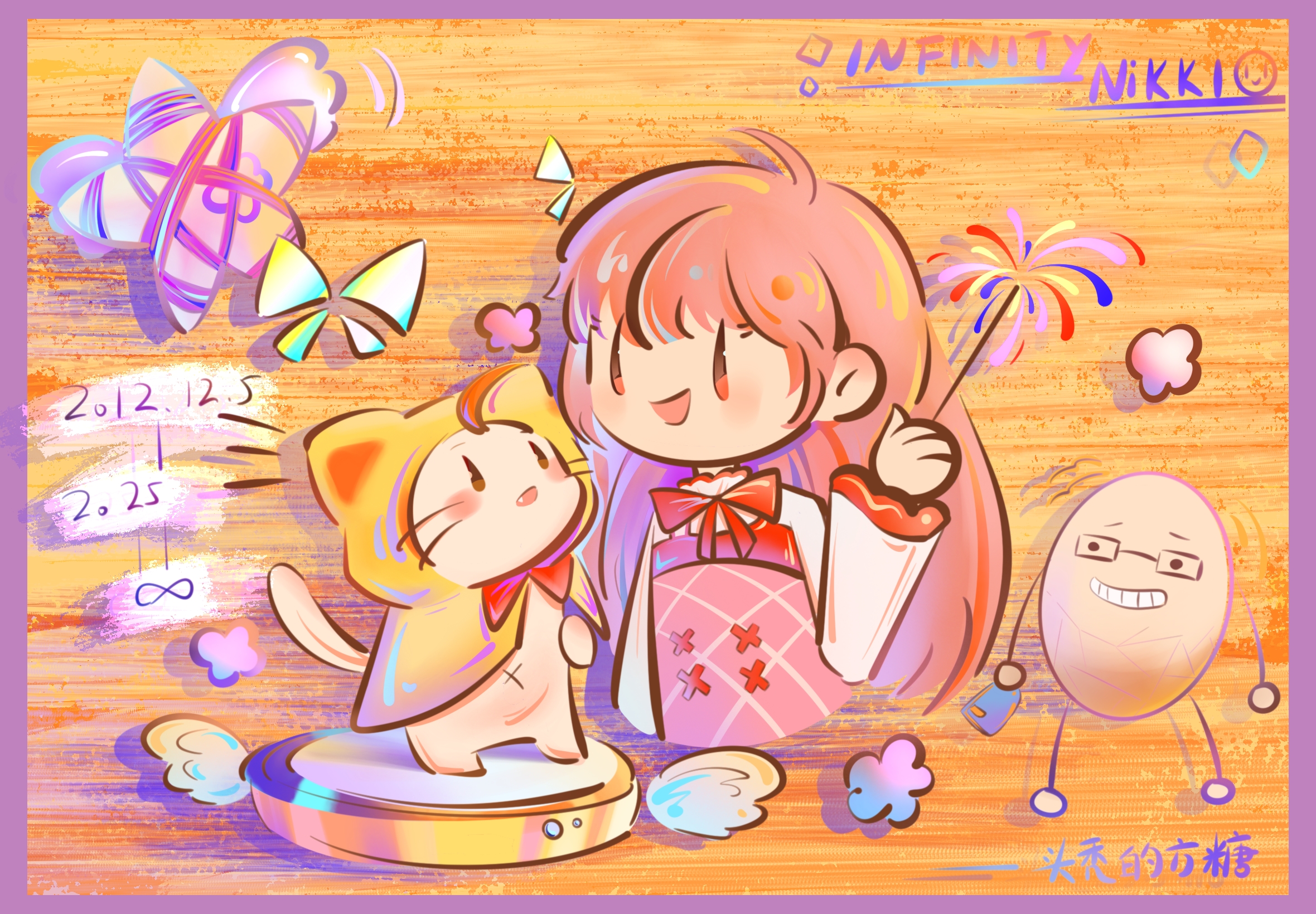 bloom poetry (shining nikki), momo (nikki), nikki (nikki), whimstar (infinity nikki), infinity nikki, nikki (series), shining nikki, commission, highres, translation request, ahoge, argyle clothes, argyle dress, border, bow, bowtie, brown eyes, chinese text, cloak, cross-laced clothes, cross-laced dress, dated, dress, ear covers, egg, fang, fantasticfangtang, fireworks, frilled sleeves, frills, holding, holding fireworks, hood, hood up, hooded cloak, infinity symbol, light blush, long hair, long sleeves, navel, notice lines, open mouth, pinafore dress, pink dress, pink hair, purple border, red bow, red bowtie, shadow, shirt, sleeveless, sleeveless dress, smile, solid oval eyes, sparkler, stage, star (symbol), traditional bowtie, turtleneck, turtleneck shirt, very long hair, whiskers, white shirt, yarn, yellow background, yellow cloak