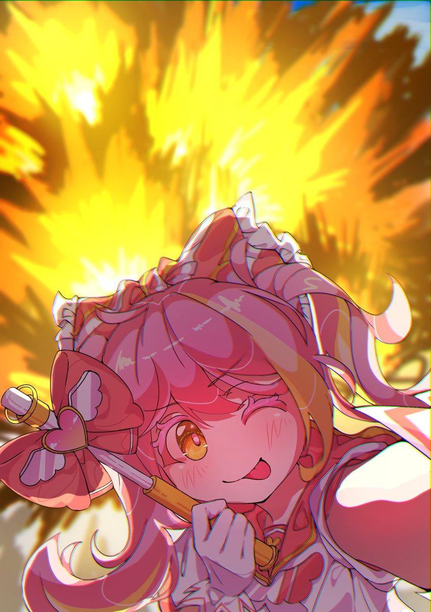 original, highres, 1girl, bow, explosion, frilled bow, frills, gloves, hair bow, heart, holding, holding wand, kannpoyu, looking at viewer, magical girl, one eye closed, pink hair, smile, solo, tongue, tongue out, twintails, wand, white gloves, yellow eyes