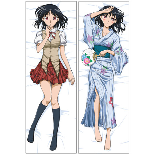 tsukamoto yakumo, school rumble, lowres, 00s, 1girl, barefoot, blush, dakimakura (medium), full body, hand fan, japanese clothes, kimono, multiple views, no shoes, paper fan, school uniform, serafuku, socks, uchiwa