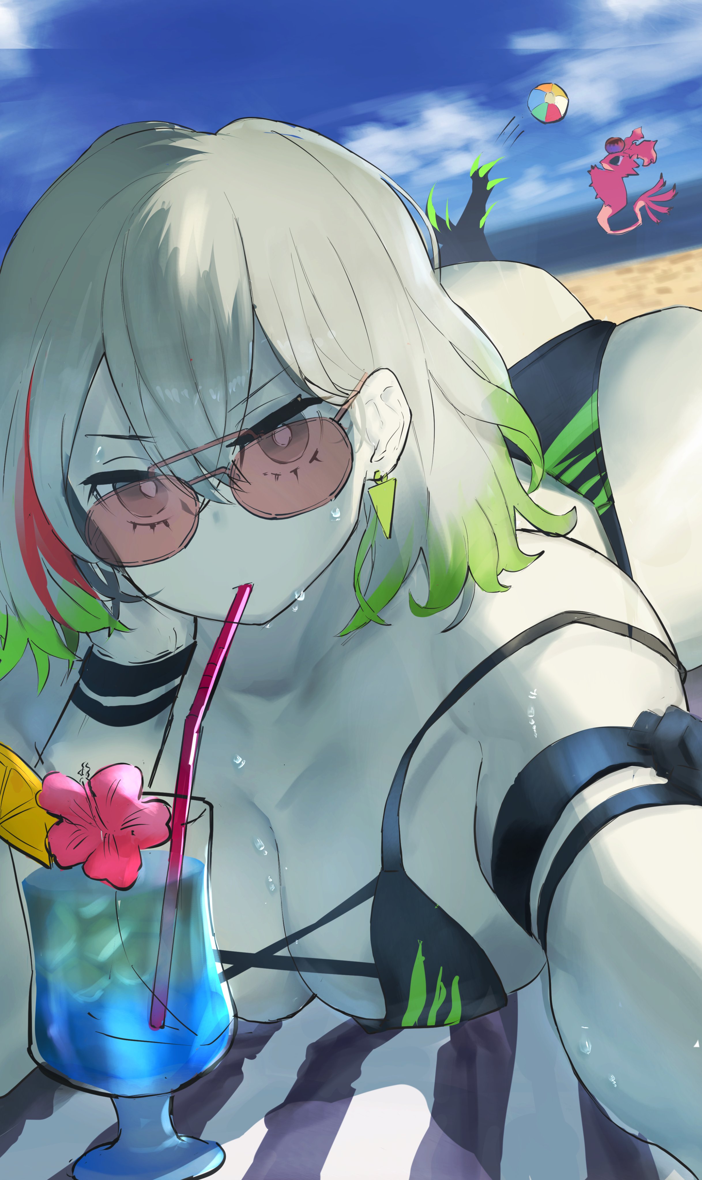 dougaku (passionpit777), diabellstar the black witch, snake-eyes poplar, yu-gi-oh!, absurdres, highres, 1girl, beach, bikini, black bikini, breasts, cleavage, colored tips, duel monster, green hair, grey eyes, grey hair, large breasts, medium hair, multicolored hair, pale skin, solo, string bikini, swimsuit