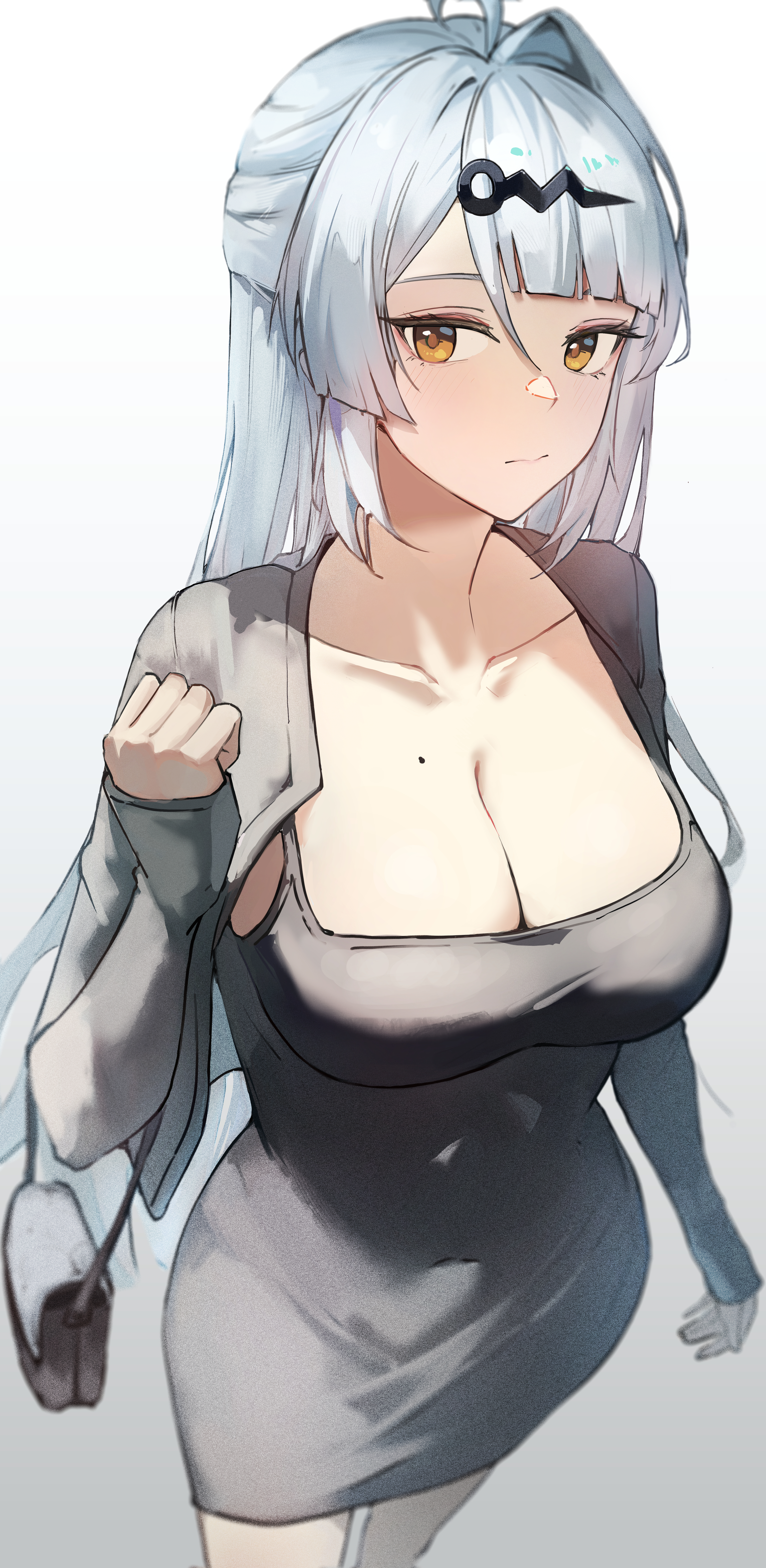 kuru9763, yixuan (zenless zone zero), zenless zone zero, absurdres, commentary, highres, 1girl, ahoge, alternate costume, arm at side, bag, blunt bangs, blurry, breasts, cleavage, closed mouth, collarbone, covered navel, cowboy shot, depth of field, dongtan dress, dress, gradient background, grey background, grey dress, grey hair, grey jacket, hair between eyes, hair ornament, hairclip, hand up, handbag, holding, holding bag, jacket, large breasts, light blush, long hair, long sleeves, looking at viewer, mole, mole on breast, open clothes, open jacket, sleeves past wrists, solo, standing, two-tone background, very long hair, white background, yellow eyes