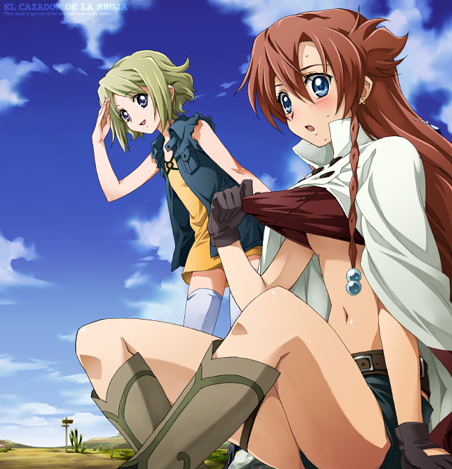 saipaco, ellis, ellis (el cazador de la bruja), nadie, el cazador de la bruja, 00s, 2girls, asymmetrical hair, blonde hair, blue eyes, breasts, brown hair, cape, cloak, clothes lift, cloud, day, hair between eyes, hair ornament, legs, long hair, mexico, midriff, multiple girls, salute, shirt lift, short shorts, shorts, sky, small breasts, thighhighs, underboob, white thighhighs