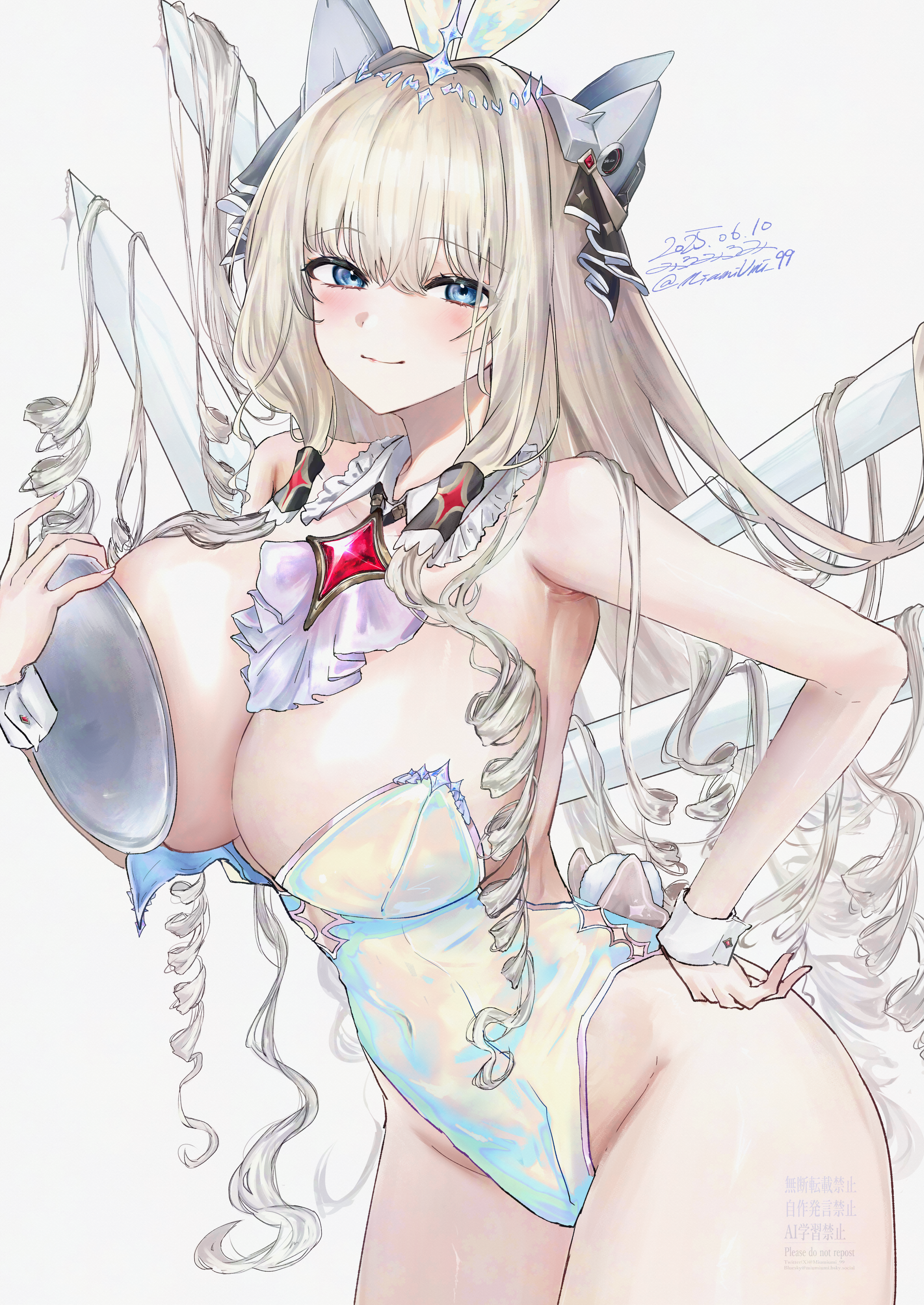 miumiumi 99, crown (nikke), goddess of victory: nikke, absurdres, commentary request, highres, 1girl, alternate costume, blonde hair, blue eyes, breasts, drill hair, holding, holding tray, iridescent, large breasts, leotard, long hair, playboy bunny, simple background, solo, too many drills, tray, watermark, white background, white leotard, wrist cuffs