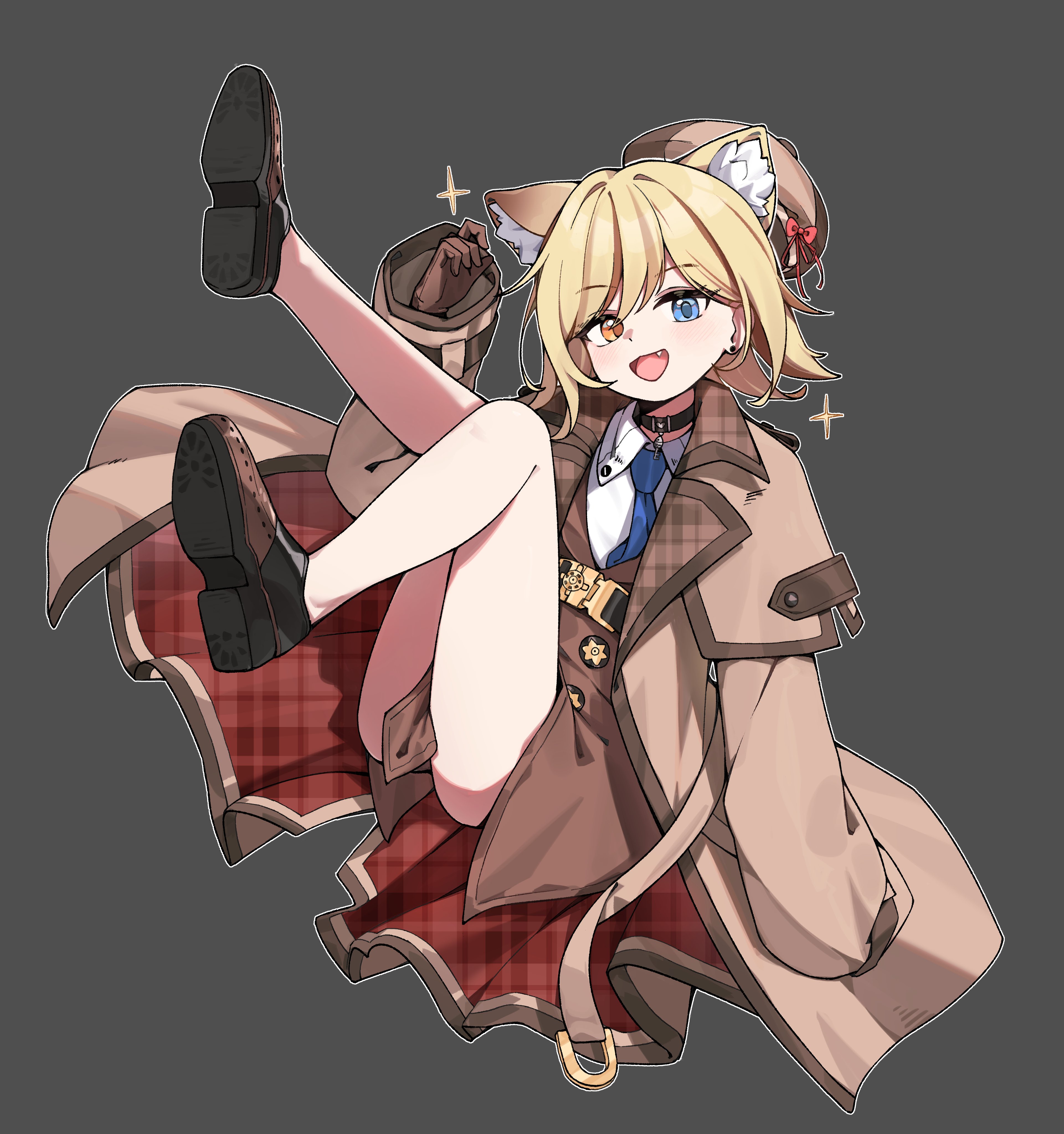 jambujok, irem (black survival), black survival, eternal return: black survival, absurdres, highres, :d, alex pajitnov, alex pajitnov (cosplay), alternate costume, animal ear fluff, animal ears, arm up, belt, black belt, black shoes, blonde hair, blue eyes, blue necktie, bottomless, bow, brown coat, brown eyes, brown gloves, brown hat, cat ears, cat girl, coat, collar, collared shirt, cosplay, fang, flat chest, gloves, grey background, hat, hat bow, heterochromia, legs up, long sleeves, looking at viewer, medium hair, necktie, open mouth, oversized clothes, red bow, shirt, shoes, simple background, sleeves past wrists, smile, sparkle, swept bangs, white shirt