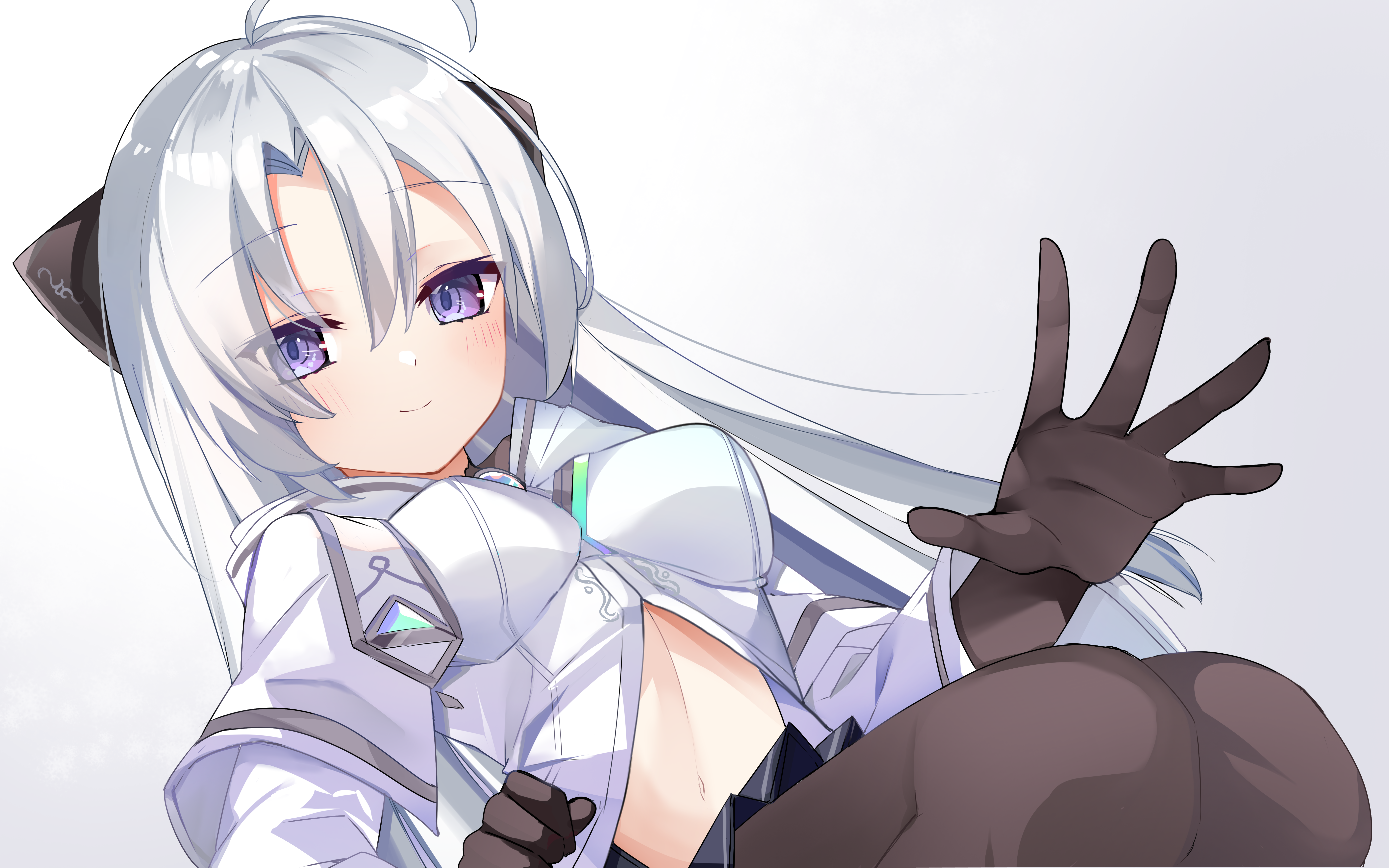 yayoi asuka, kanon (duel masters), duel masters, duel masters play's, absurdres, highres, 1girl, ahoge, black bow, black pantyhose, blue eyes, blush, bow, breasts, clothing cutout, dress, grey hair, hair bow, long hair, looking at viewer, medium breasts, navel, navel cutout, pantyhose