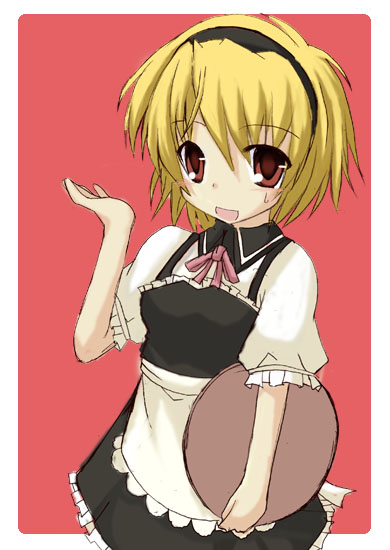 shikine, houjou satoko, higurashi no naku koro ni, md5 mismatch, 00s, 1girl, blonde hair, female focus, hairband, red eyes, solo, waitress