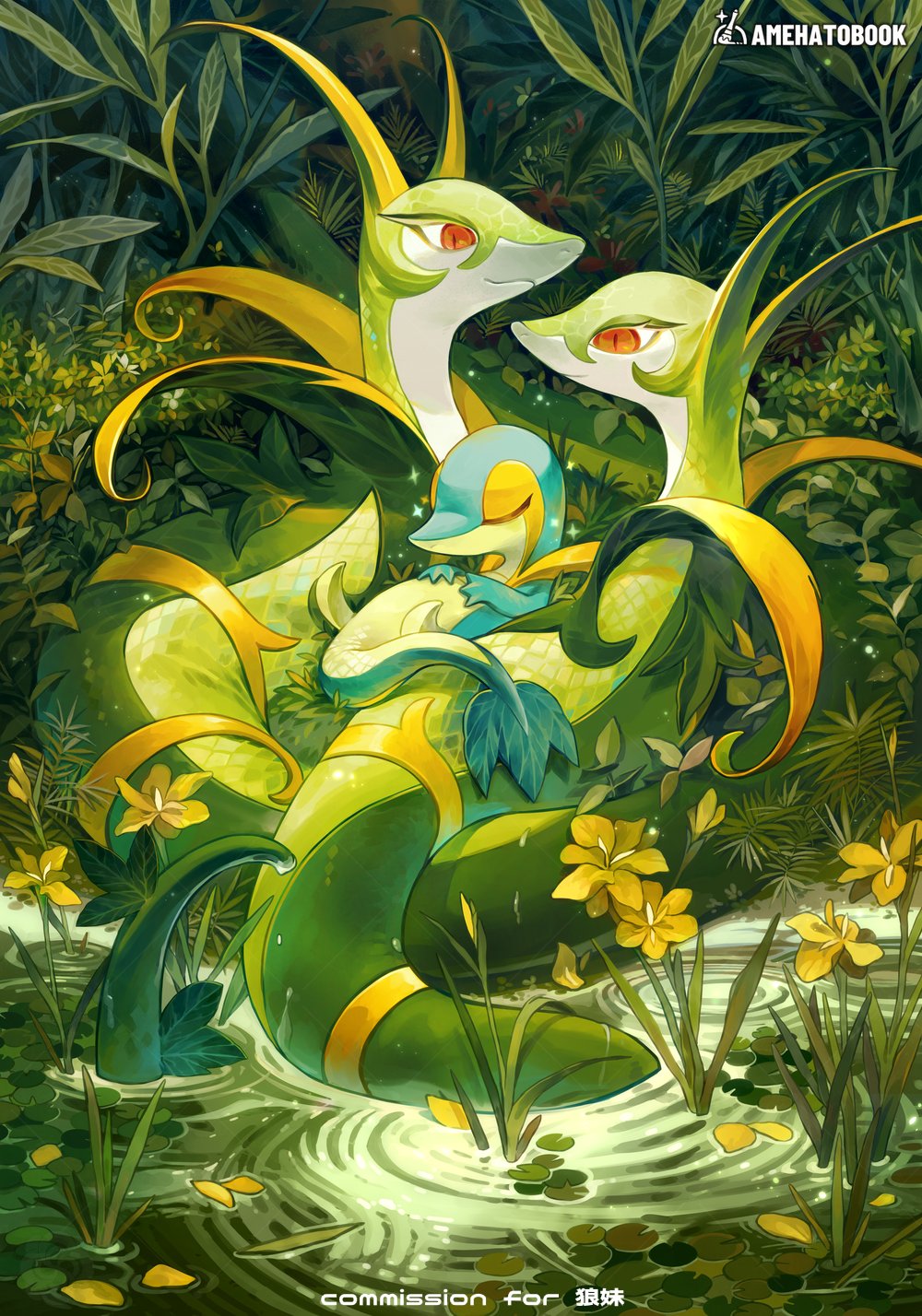 amehatobook, serperior, snivy, nintendo, pokemon, highres, alternate color, closed eyes, closed mouth, flower, gen 5 pokemon, grass, no humans, outdoors, plant, pokemon (creature), pokemon focus, red eyes, shiny pokemon, sleeping, smile, snake, sparkle, star (symbol), tail, water
