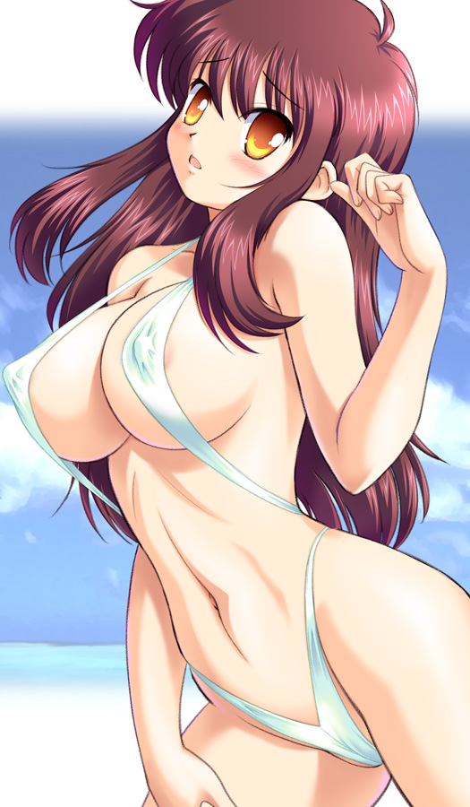 tanuki yousuke, original, 1girl, bikini, blush, breasts, brown hair, covered erect nipples, criss-cross halter, day, female focus, halterneck, large breasts, long hair, navel, open mouth, orange eyes, pretzel bikini, red hair, slingshot swimsuit, solo, swimsuit, white bikini