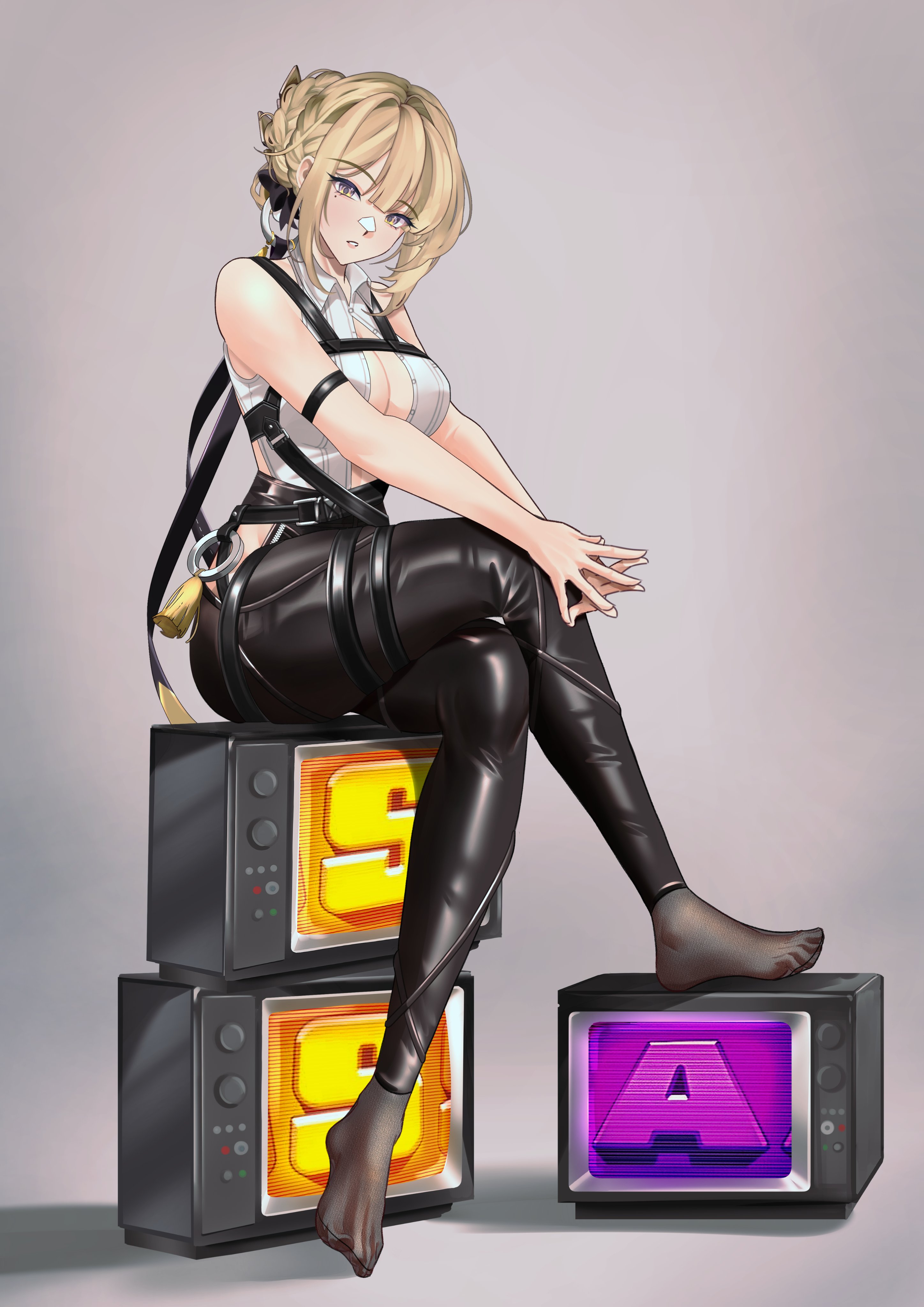 meisaki, evelyn chevalier, zenless zone zero, absurdres, highres, 1girl, arm strap, black pants, chest harness, crt, feet, hair up, hands on own knees, harness, high-waist pants, latex pants, long ribbon, looking at viewer, pants, purple eyes, ring hair ornament, sitting, sitting on object, solo, television, tight clothes, tight pants, white background