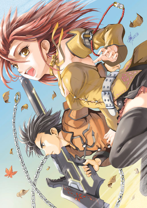 yuu (yuyukaikan), original, black legwear, black hair, chain, detached sleeves, leaf, neck ribbon, red hair, ribbon, short hair, thighhighs, yellow eyes