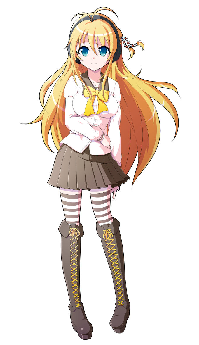 dairi, tsurumaki maki, voiceroid, commentary request, large variant set, variant set, 1girl, antenna hair, black boots, black skirt, black socks, blonde hair, blue eyes, boots, bow, bowtie, breasts, brown sailor collar, closed mouth, collarbone, eyelashes, full body, hair between eyes, hair ornament, headphones, holding own stomach, impossible clothes, impossible shirt, knee boots, kneehighs, light smile, long hair, long sleeves, looking at viewer, medium breasts, miniskirt, platform boots, pleated skirt, sailor collar, shirt, simple background, skirt, smile, socks, solo, standing, straight-on, striped clothes, striped socks, tachi-e, thighhighs, transparent background, two-tone socks, white shirt, white socks, yellow bow, yellow bowtie, zettai ryouiki