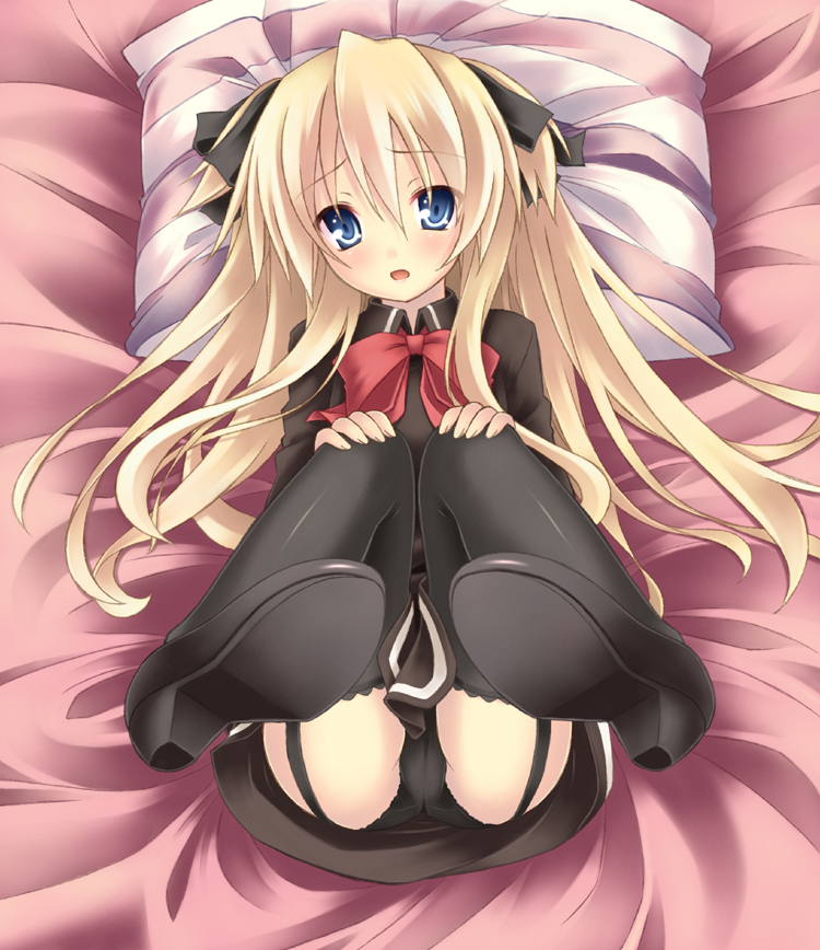 ryo (botugo), shalon, quiz magic academy, 1girl, ass, black panties, blonde hair, blue eyes, female focus, garter belt, knees to chest, lingerie, panties, shoes, solo, thighhighs, underwear
