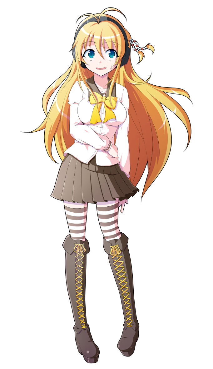 dairi, tsurumaki maki, voiceroid, commentary request, large variant set, variant set, 1girl, antenna hair, black boots, black skirt, black socks, blonde hair, blue eyes, boots, bow, bowtie, breasts, brown sailor collar, collarbone, eyelashes, full body, hair between eyes, hair ornament, headphones, holding own stomach, impossible clothes, impossible shirt, knee boots, kneehighs, long hair, long sleeves, medium breasts, miniskirt, open mouth, platform boots, pleated skirt, sailor collar, shirt, simple background, skirt, socks, solo, standing, straight-on, striped clothes, striped socks, sweatdrop, tachi-e, thighhighs, transparent background, two-tone socks, wavy mouth, white shirt, white socks, yellow bow, yellow bowtie, zettai ryouiki