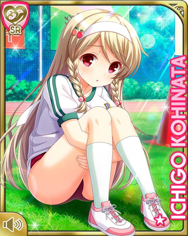 qp:flapper, kohinata ichigo, girlfriend (kari), white legwear, official art, tagme, 1girl, :o, blonde hair, breasts, bucket, buruma, card, character name, hair ornament, hairclip, long hair, open mouth, outdoors, red buruma, red eyes, school uniform, shirt, sitting, socks, white shirt