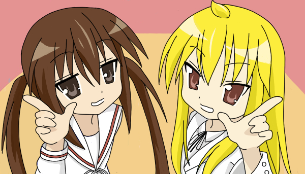 minami chiaki, minami kana, lucky star, minami-ke, motteke! serafuku, eyebrows, 2girls, :d, blonde hair, brown hair, grin, index finger raised, looking at viewer, multiple girls, open mouth, parody, sidelocks, smile, teeth, twintails, upper body