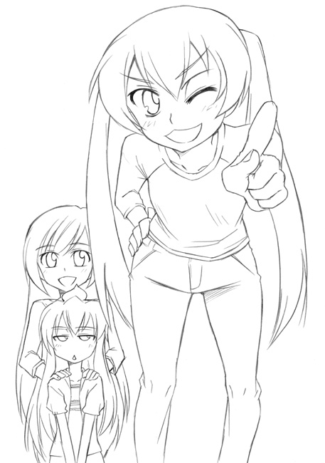 minami chiaki, minami haruka, minami kana, minami-ke, 00s, 3girls, greyscale, long hair, monochrome, multiple girls, one eye closed, pants, pointing, raglan sleeves, siblings, sisters, twintails