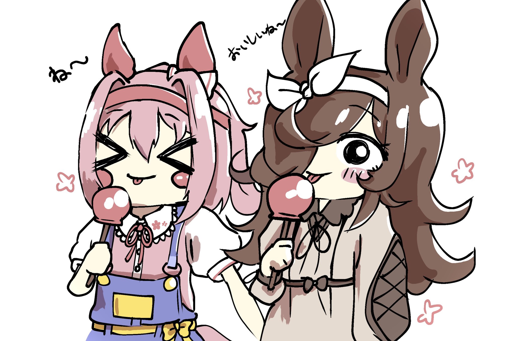 rim s, haru urara (umamusume), rice shower (umamusume), umamusume, highres, > <, 2girls, animal ears, blue overalls, blush, bow, bow hairband, brown dress, brown hair, brown ribbon, candy apple, casual, closed eyes, closed mouth, collared dress, dress, ear bow, ear covers, food, hair over one eye, hairband, haru urara (casual) (umamusume), headband, holding, holding candy apple, holding food, horse ears, horse girl, horse tail, long hair, long sleeves, multiple girls, official alternate costume, overall shorts, overalls, pink hair, pink headband, pink shirt, ponytail, red hairband, red headband, ribbon, rice shower (casual) (umamusume), shirt, short sleeves, simple background, smile, tail, tongue, tongue out, upper body, white bow, white hairband