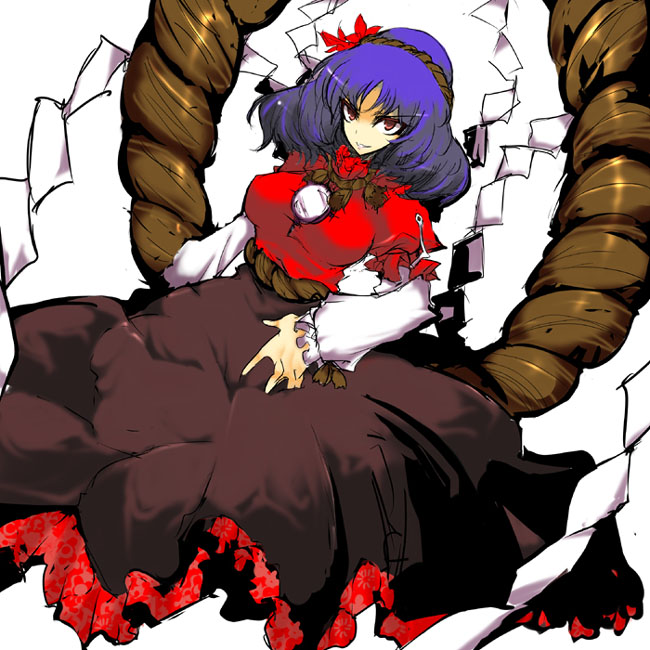 aoguu, yasaka kanako, touhou, 1girl, female focus, hair ornament, leaf hair ornament, rope, shimenawa, solo
