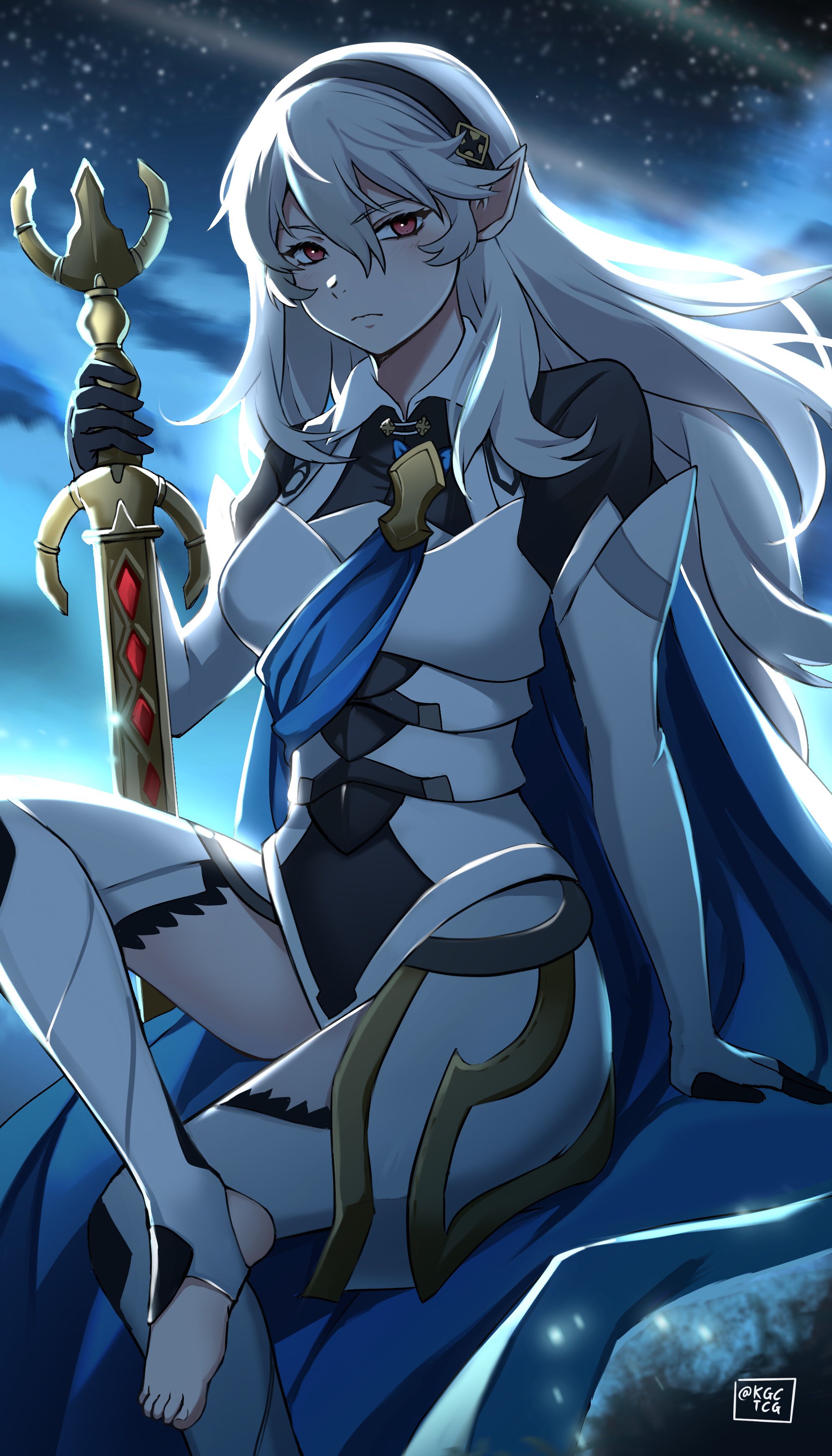 kgctcg, female corrin (fire emblem), fire emblem, fire emblem fates, nintendo, absurdres, highres, 1girl, black hairband, blue cape, breasts, cape, collar, crossed legs, hairband, long hair, medium breasts, night, outdoors, pointy ears, red eyes, sitting, solo, thighs, yato (fire emblem)