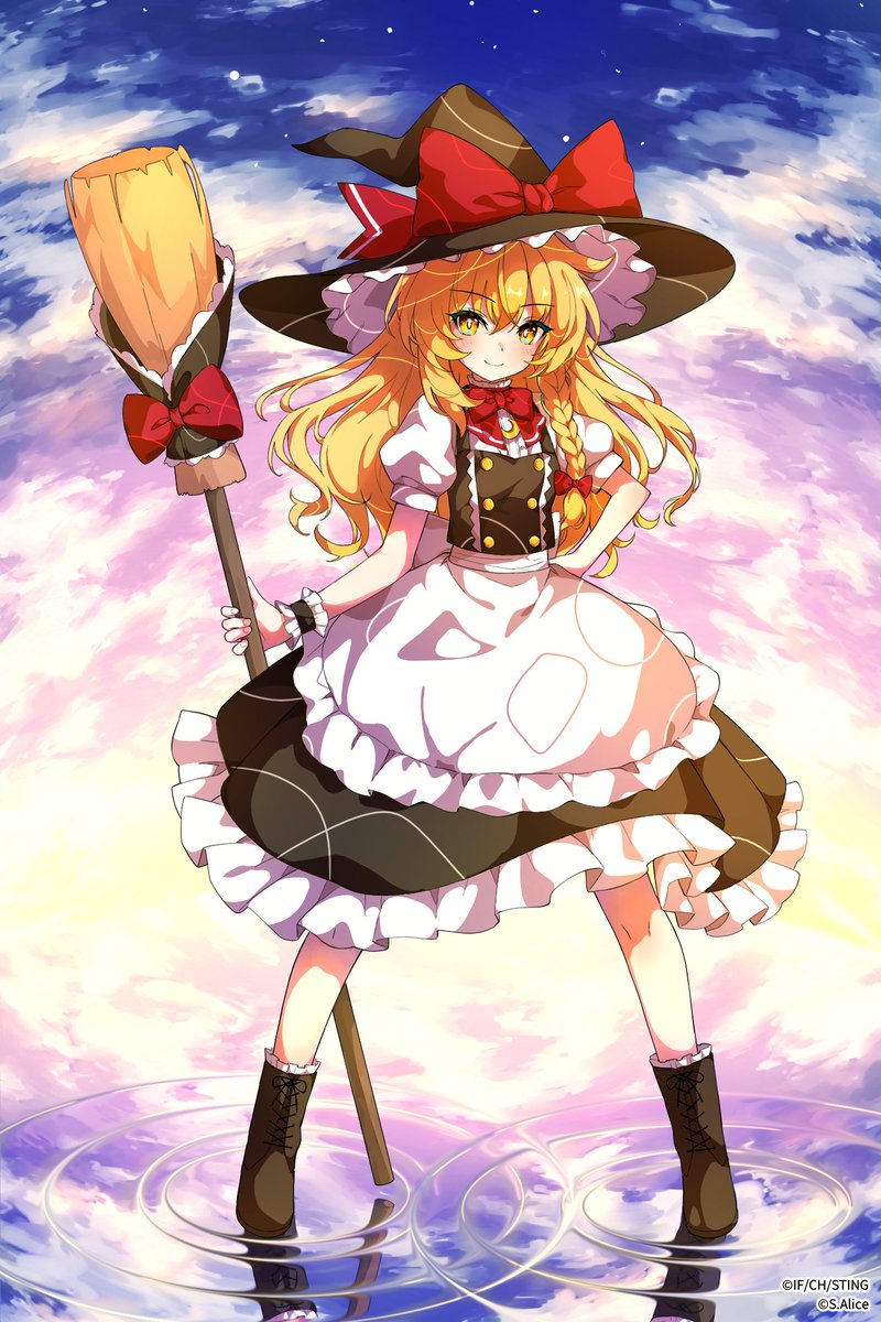 kirisame marisa, touhou, colorized, highres, 1girl, apron, black boots, black hat, black skirt, black vest, blonde hair, boots, bow, broom, buttons, closed mouth, frilled apron, frills, full body, hat, hat bow, holding, holding broom, kannpoyu, legs apart, long hair, looking at viewer, nurimas, red bow, ripples, short sleeves, skirt, smile, solo, standing, standing on liquid, vest, waist apron, white apron, wrist cuffs, yellow eyes