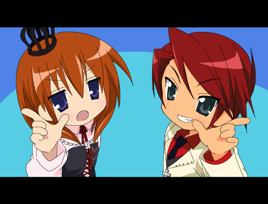 suzushiro kurumi, ushiromiya battler, ushiromiya maria, lucky star, motteke! serafuku, umineko no naku koro ni, 1boy, 1girl, cousins, letterboxed, parody