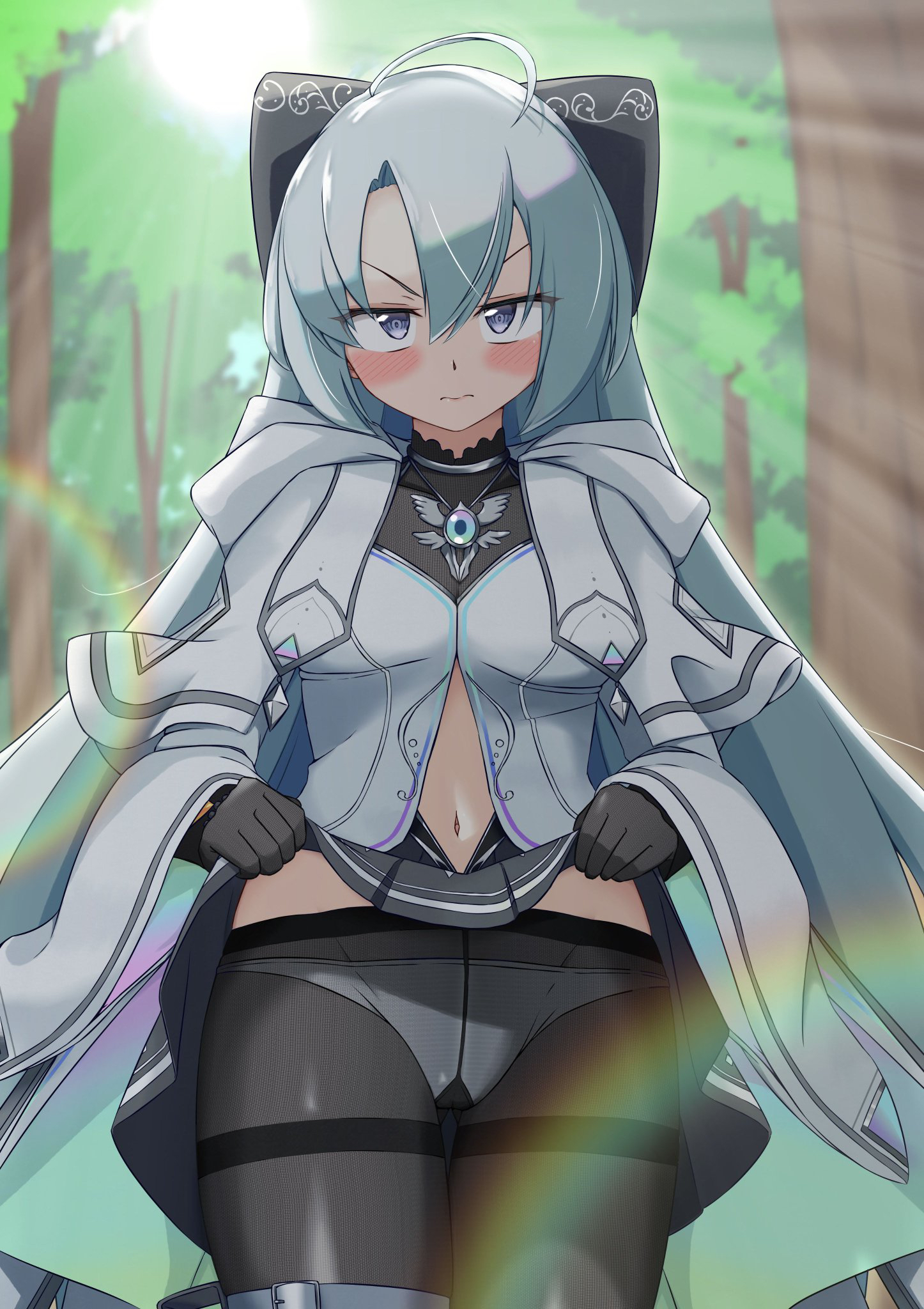 nikonikonata39, kanon (duel masters), duel masters, duel masters play's, highres, 1girl, ahoge, annoyed, black bow, black pantyhose, blush, bow, breasts, clothes lift, clothing cutout, dress, forest, grey eyes, grey hair, hair bow, long hair, looking at viewer, medium breasts, nature, navel, navel cutout, panties, pantyhose, skirt, skirt lift, sunlight, underwear, white dress, white panties
