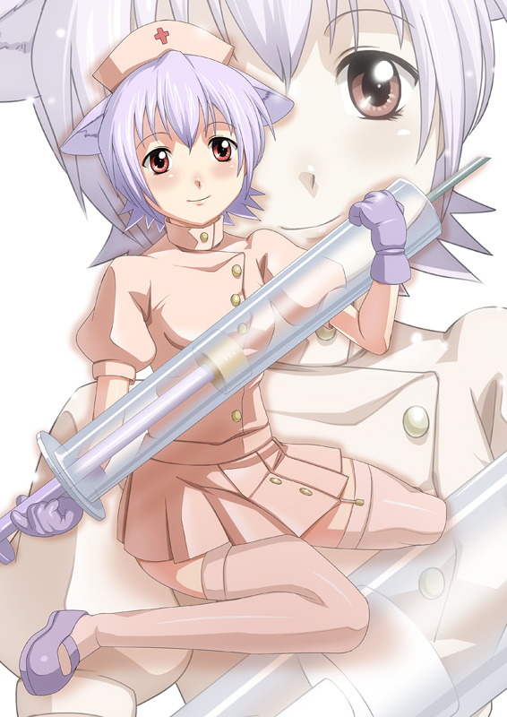nidy, izumi ako, mahou sensei negima!, light purple hair, 1girl, animal ear fluff, animal ears, blue hair, blush, cat ears, cosplay, ears down, female focus, garter straps, gloves, hat, large syringe, miniskirt, nurse, oversized object, pactio, pink hat, pink thighhighs, purple hair, purple shoes, red eyes, shoes, simple background, skirt, smile, solo, syringe, thighhighs, white background, zettai ryouiki, zoom layer