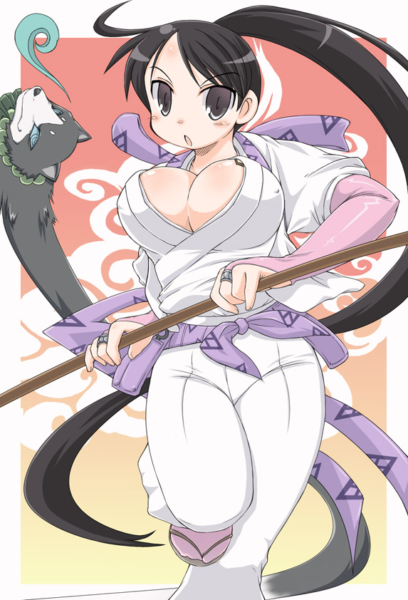 naitou kouse, hakubi, naitou, yukimura tokine, kekkaishi, 00s, 1girl, :o, ahoge, black hair, blush, breasts, bridal gauntlets, cleavage, covered erect nipples, curvy, dog, ghost, huge breasts, japanese clothes, large breasts, long hair, no bra, open mouth, ponytail, running, sandals, socks, staff, tabi, very long hair