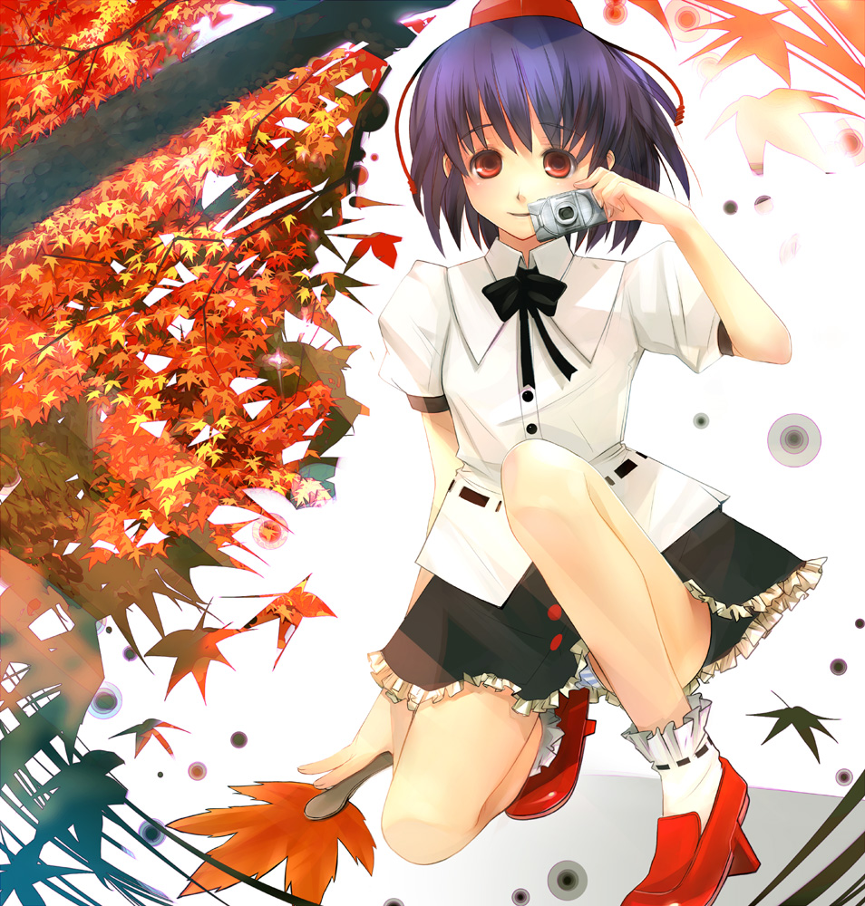 takashima, shameimaru aya, touhou, 1girl, female focus, geta, hat, looking at viewer, panties, pantyshot, smile, solo, striped clothes, striped panties, tengu-geta, underwear