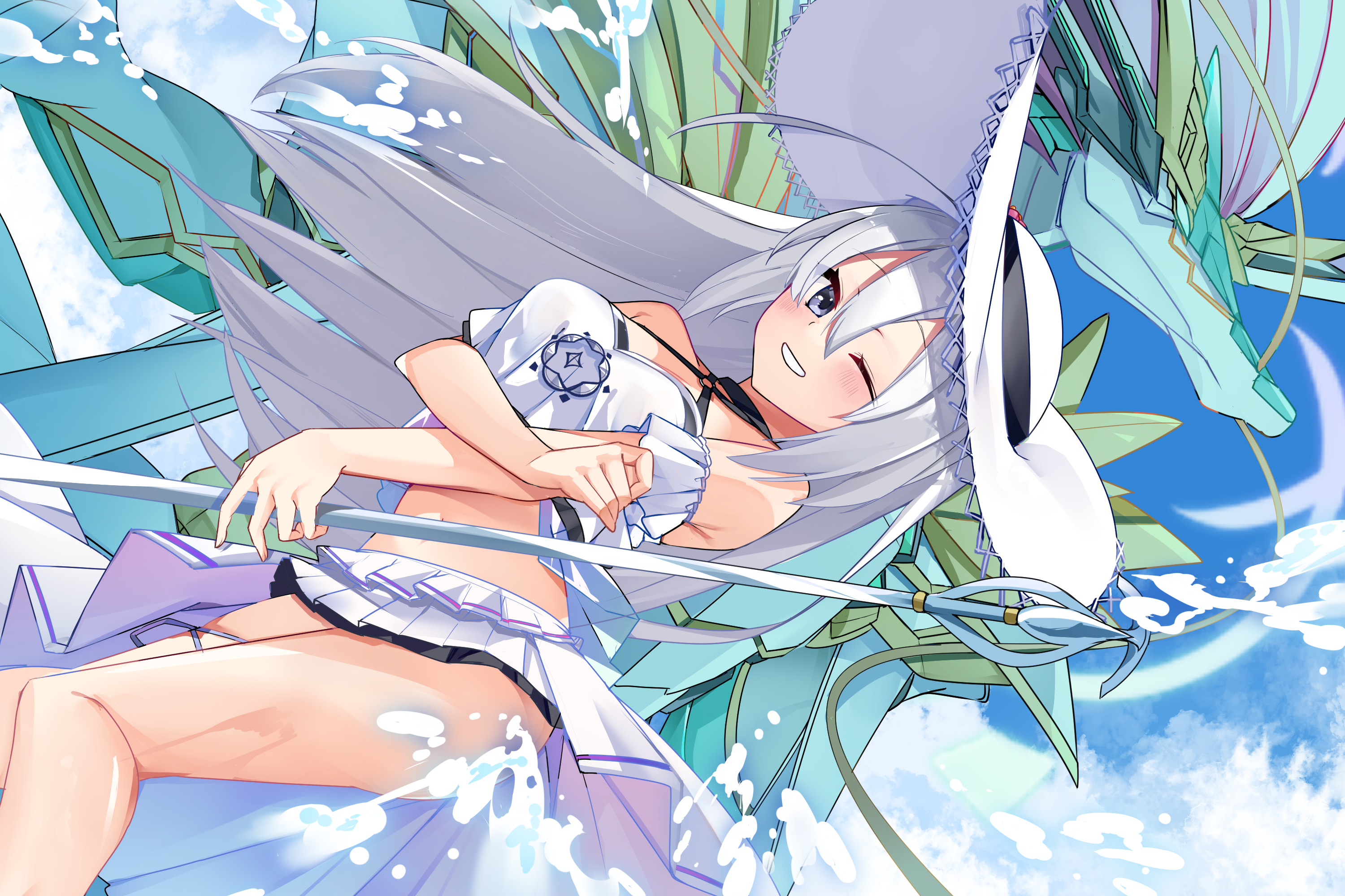 yayoi asuka, kanon (duel masters), duel masters, duel masters play's, highres, 1girl, bikini, blush, breasts, dragon, grey eyes, grey hair, hat, holding, holding staff, kanon (white wave) (duel masters), long hair, looking at viewer, medium breasts, miniskirt, one eye closed, skirt, staff, straw hat, swimsuit, white bikini, white hat