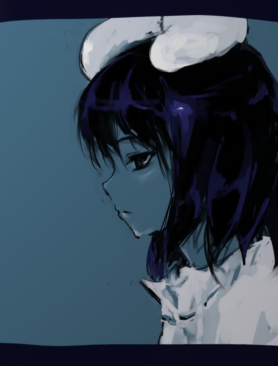 fujikawa daichi, inaba tewi, touhou, 1girl, animal ears, black hair, blue background, blue theme, expressionless, female focus, letterboxed, profile, rabbit ears, short hair, solo