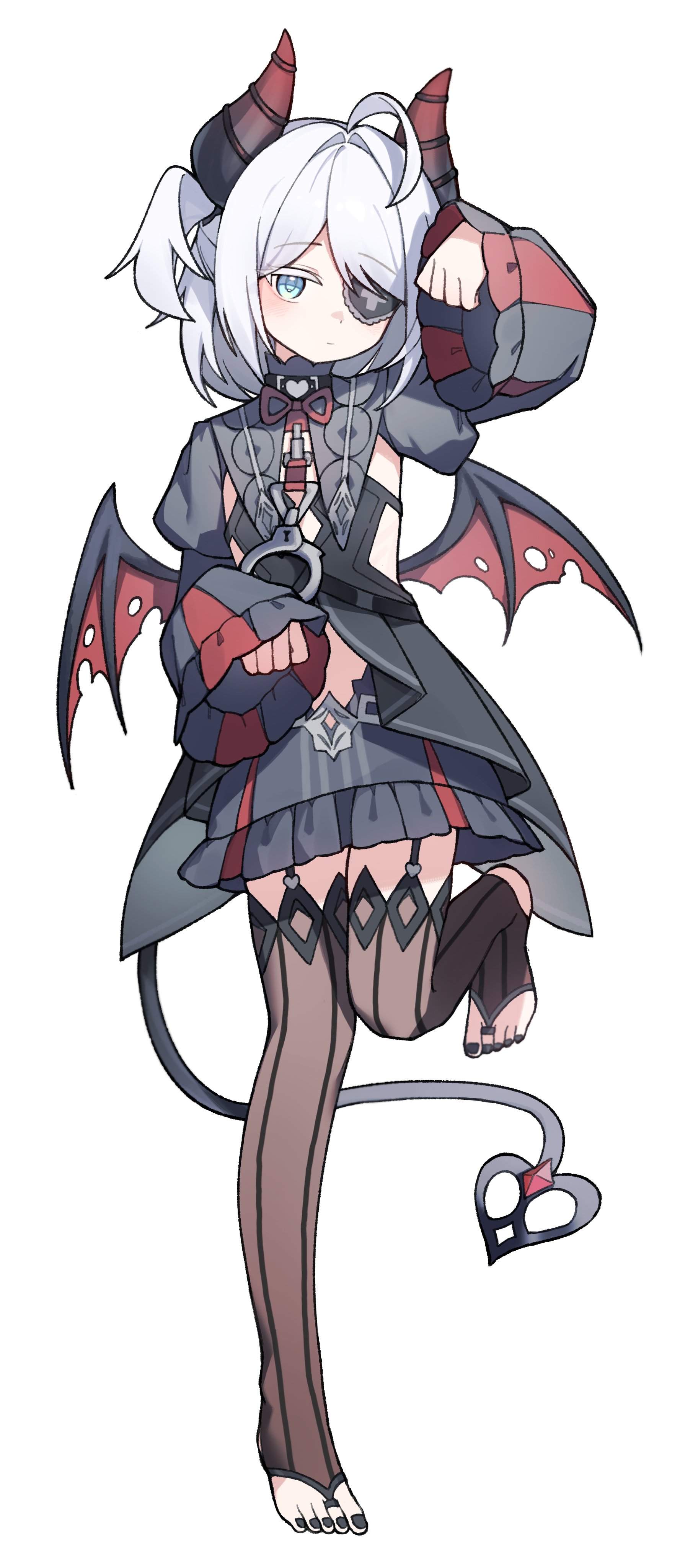 jambujok, sissela kyle, black survival, eternal return: black survival, absurdres, highres, 1girl, ahoge, bat wings, black dress, black nails, black thighhighs, blue eyes, closed mouth, clothing cutout, demon horns, demon tail, dress, eyepatch, facing viewer, full body, garter straps, hair intakes, horns, juliet sleeves, leg up, light blush, long sleeves, looking at viewer, medium hair, mini wings, nail polish, navel cutout, no shoes, official alternate costume, paw pose, puffy sleeves, short twintails, simple background, single handcuff, solo, stirrup legwear, tail, thighhighs, toeless legwear, toenail polish, toenails, twintails, white background, wings