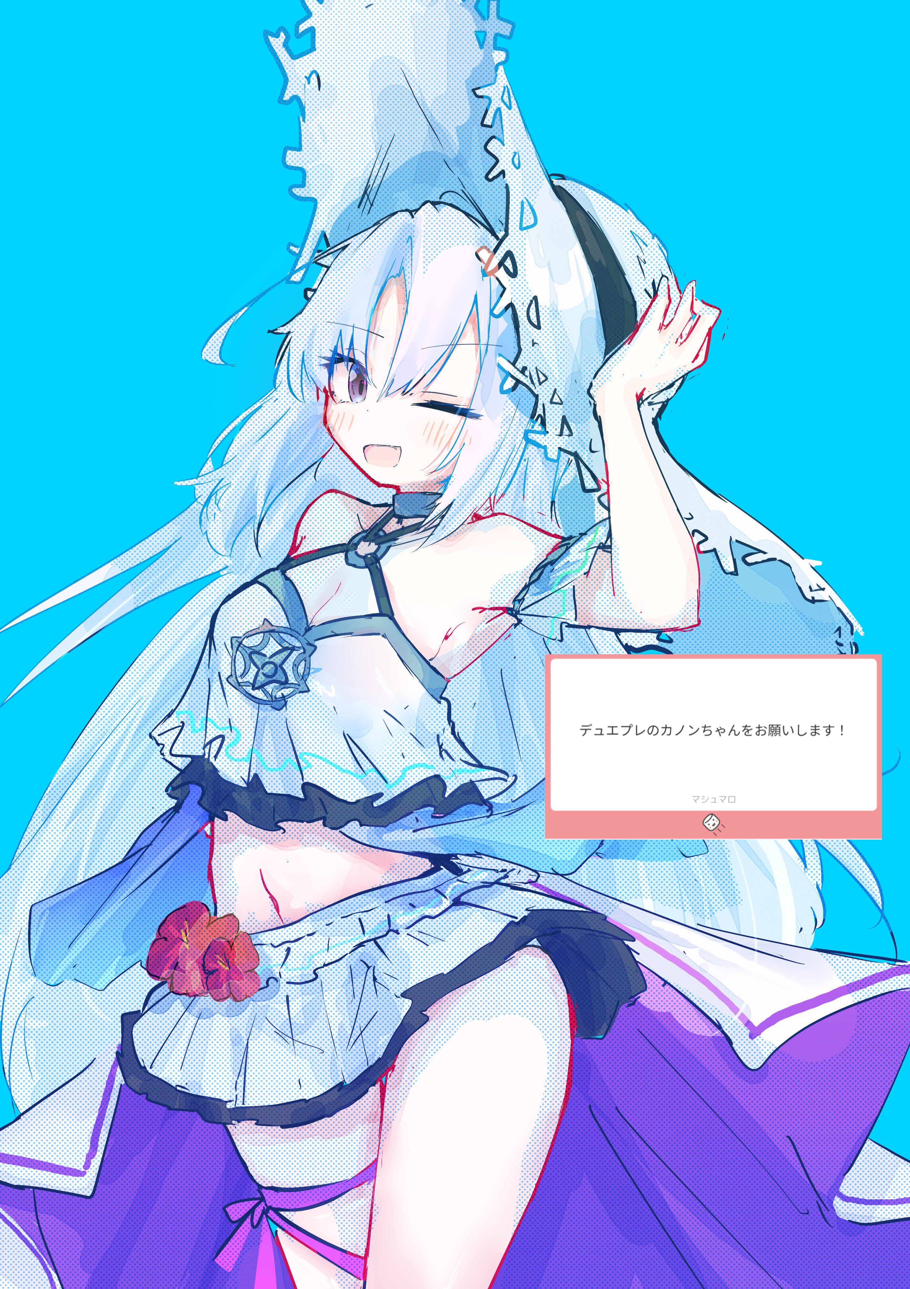 xuhito (kyoukonohito0), kanon (duel masters), duel masters, duel masters play's, absurdres, highres, 1girl, bare shoulders, bikini, blush, breasts, flower, grey eyes, grey hair, hat, kanon (white wave) (duel masters), long hair, looking at viewer, marshmallow (site), medium breasts, miniskirt, one eye closed, skirt, straw hat, swimsuit, white bikini, white hat, white skirt