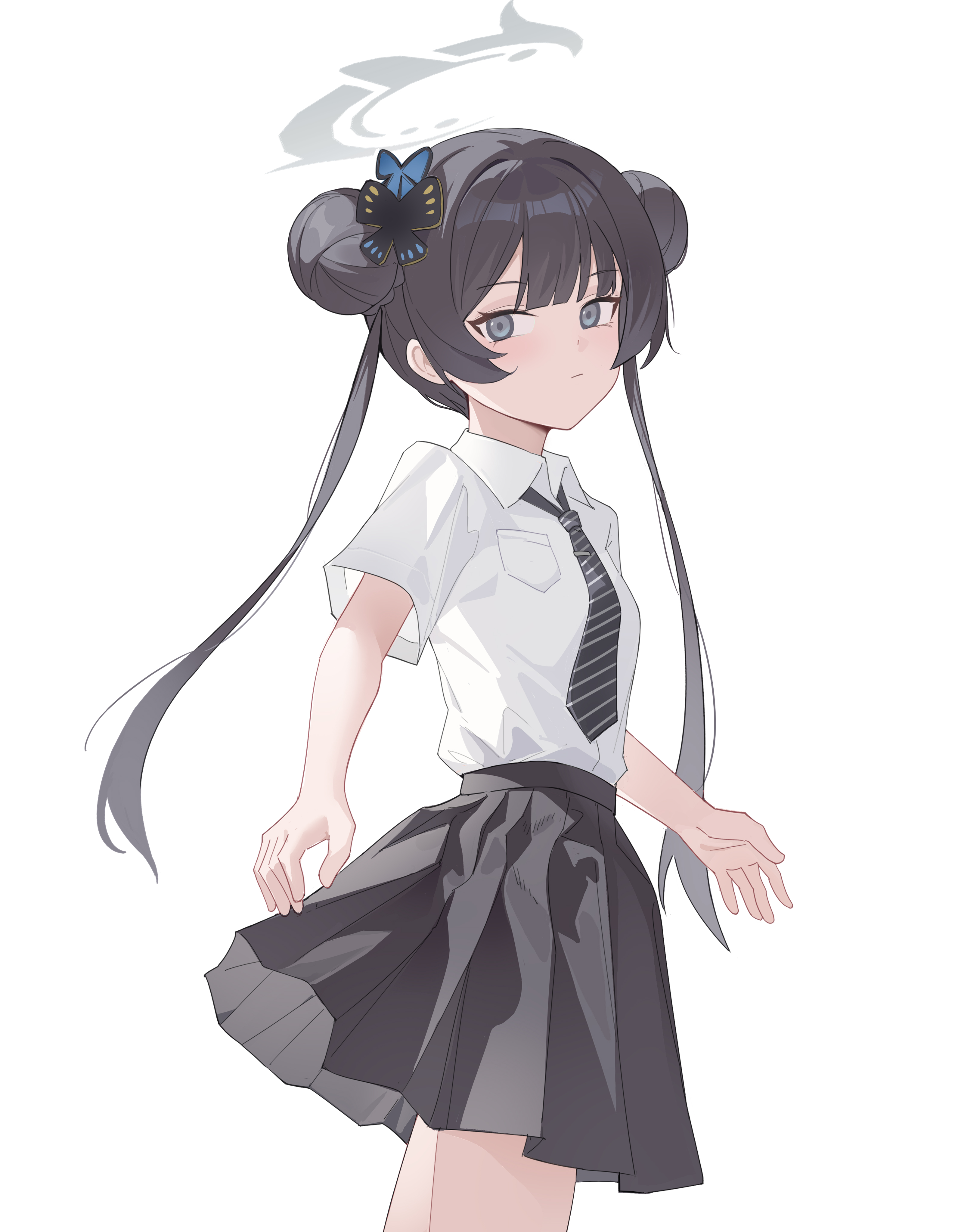 ke'ai qu qu, kisaki (blue archive), blue archive, absurdres, highres, blush, breasts, collared shirt, double bun, grey eyes, grey hair, grey necktie, hair bun, halo, long hair, looking to the side, necktie, pleated skirt, shirt, short sleeves, skirt, small breasts, solo, standing, twintails, very long hair, white background, white shirt
