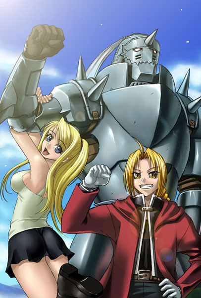 kagami hirotaka, alphonse elric, edward elric, winry rockbell, fullmetal alchemist, 00s, 1girl, 2boys, armor, blonde hair, blue eyes, braid, braided ponytail, breasts, gloves, large breasts, miniskirt, multiple boys, ponytail, single braid, skirt, smile, yellow eyes
