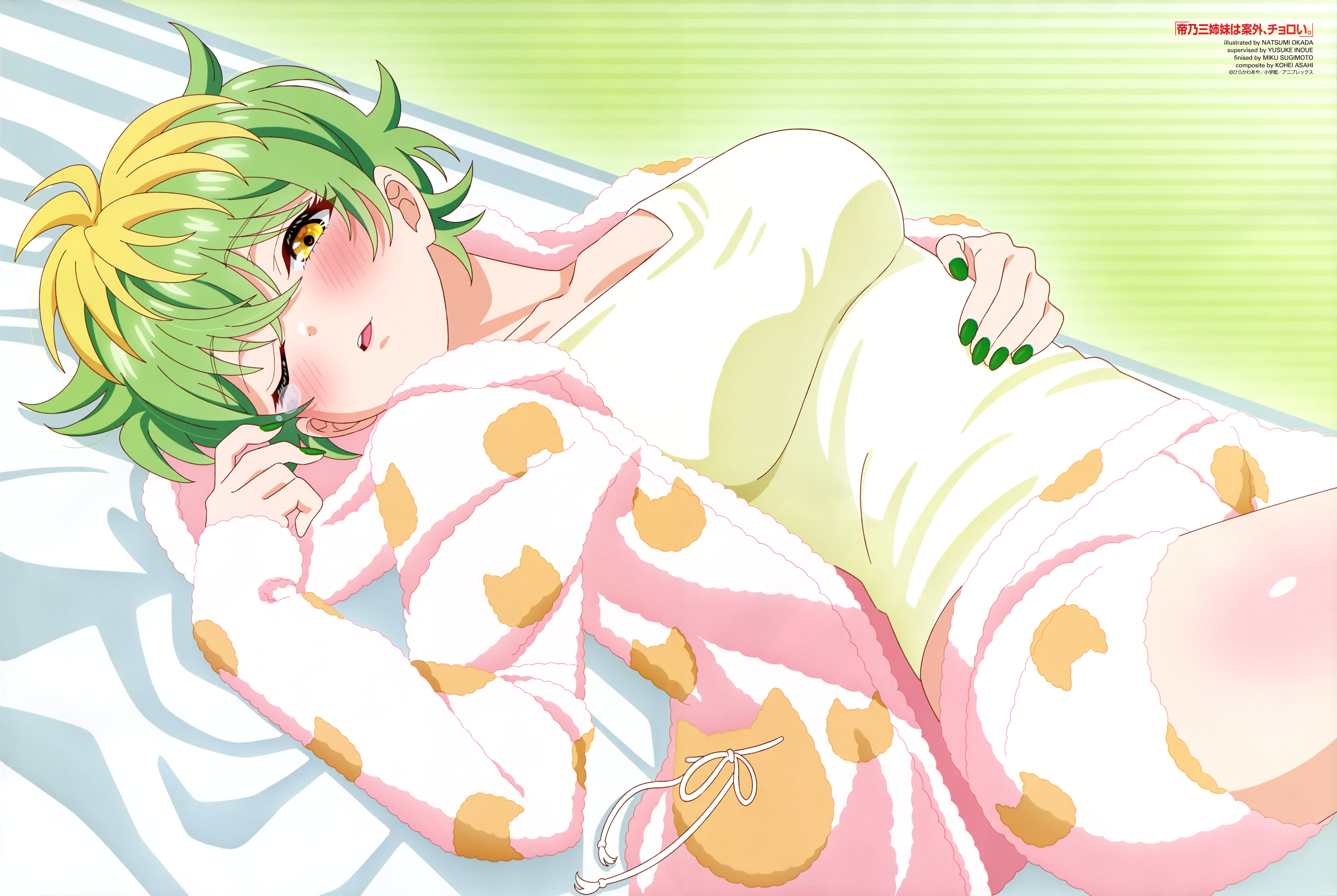 mikadono miwa, mikadono sanshimai wa angai choroi, newtype, absurdres, highres, official art, scan, third-party source, ;o, bed, bed sheet, blonde hair, breasts, collarbone, eyelashes, green background, green hair, green nails, jacket, large breasts, long sleeves, looking at viewer, lying, multicolored hair, one eye closed, pajamas, parted lips, pink jacket, pink shorts, shirt, short hair, shorts, sleepwear, teeth, two-tone hair, upper teeth only, yellow shirt