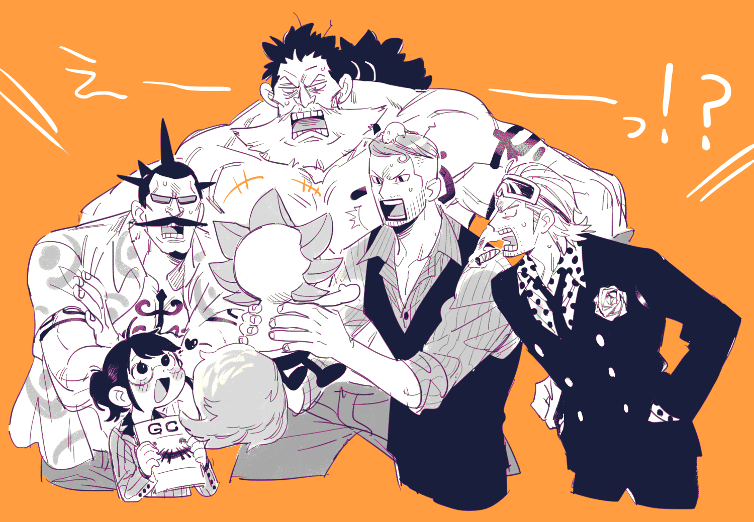 chanko neru, iceburg, paulie (one piece), peeply lulu, thousand sunny, tilestone (one piece), tyrannosaurus (one piece), one piece, commentary request, !?, +++, 1girl, 4boys, beard, blush, carrying, facial hair, formal clothes, glasses, goggles, goggles on head, greyscale with colored background, hamster, hand in pocket, iceburg's secretary, multiple boys, mustache, ponytail, shirt, striped clothes, striped shirt, suit, sunglasses, surprised, undercut, v-shaped eyebrows, vertical-striped clothes, vertical-striped shirt