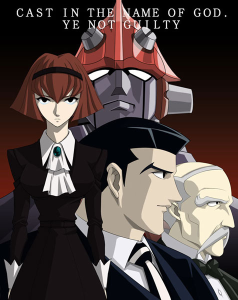 big o (mecha), norman burg, r dorothy wayneright, roger smith, the big o, 1girl, 2boys, android, bald, black dress, black hair, bob cut, brooch, dress, facial hair, formal clothes, grey hair, hairband, jewelry, maid, mecha, multiple boys, mustache, necktie, red hair, robot, short hair, suit